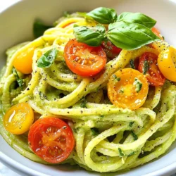 - Pasta types suitable for creamy avocado pasta: - Use spaghetti for a classic feel. - Penne or fusilli also work well. - Gluten-free pasta is a good option too. - Freshness of avocados and other ingredients: - Choose ripe avocados; they should feel soft but not mushy. - Fresh garlic enhances flavor. - Use bright green basil for freshness. - Fresh lemon juice adds a nice zing. - Recommended cheese or vegan alternatives: - I suggest grated Parmesan for richness. - Nutritional yeast makes a great vegan option. - If you want extra creaminess, add more cheese or yeast. This mix of fresh ingredients makes creamy avocado pasta taste amazing. Each component adds its own flavor and texture. {{ingredient_image_1}} To boil pasta perfectly, start with a large pot. Fill it with water and add a generous amount of salt. This step adds flavor to the pasta. Bring the water to a rolling boil before adding your 12 oz of spaghetti or your favorite pasta. Stir the pasta gently to prevent it from sticking. Follow the package instructions for cooking time. After cooking, it’s essential to reserve about 1 cup of pasta water. This water is starchy and will help to thicken the sauce later. Once the pasta is al dente, drain it and set it aside. For a creamy sauce, we need ripe avocados. Cut two avocados in half, remove the pit, and scoop the flesh into a blender. Add 2 cloves of minced garlic, 1/4 cup of fresh basil leaves, 2 tablespoons of lemon juice, and 1/4 cup of extra-virgin olive oil. Blend these until you get a smooth and creamy consistency. To season the sauce, add salt and pepper to taste. If the sauce seems too thick, use the reserved pasta water. Add a little at a time until you reach your desired creaminess. In a large mixing bowl, combine the drained pasta and the creamy avocado sauce. Toss gently to coat the pasta evenly. This step is key to ensuring every bite is delicious. Next, stir in 1/4 cup of grated Parmesan cheese or nutritional yeast for a vegan option. Toss once more to mix it well. For the final touch, serve the pasta in deep bowls. Garnish with halved cherry tomatoes and extra basil leaves. Drizzle a bit of olive oil on top and sprinkle more Parmesan cheese for a gourmet look. Enjoy your delightful creamy avocado pasta! To make the sauce just right, you can adjust the consistency with pasta water. After cooking your pasta, keep some water aside before draining. If your sauce is too thick, add a little pasta water. Mix it in slowly until you reach the smoothness you like. This step is key for that creamy texture! You can also enhance flavor with extra herbs or spices. Fresh basil is great, but try adding a pinch of red pepper flakes for heat. You could also mix in some oregano or even a bit of lemon zest. These small tweaks can make a big difference in taste. Creamy avocado pasta pairs well with many sides. A simple green salad adds freshness. Garlic bread is another tasty choice to soak up the extra sauce. You can also serve it with grilled vegetables for a healthy touch. For garnishing, think about colors and textures. Cherry tomatoes add a pop of red. Extra basil leaves bring a fresh look. You can also sprinkle more Parmesan cheese on top for a rich finish. Drizzle some olive oil for added flavor and shine. These ideas make your dish not just tasty but beautiful, too! Pro Tips Choose Ripe Avocados: Ensure your avocados are perfectly ripe for the creamiest sauce. They should yield slightly to gentle pressure when squeezed. If they're not ripe, place them in a paper bag at room temperature for a day or two to speed up the ripening process. Customize Your Herbs: While basil adds a fresh flavor, feel free to mix in other herbs like cilantro or parsley for a unique twist. This will enhance the flavor profile and keep your dish interesting. Adjust the Consistency: If you prefer a thicker sauce, you can skip the reserved pasta water. For a lighter sauce, gradually add the pasta water until you reach your desired consistency—this also helps the sauce cling better to the pasta. Garnish Creatively: Elevate your dish's presentation by using colorful garnishes like edible flowers or microgreens along with cherry tomatoes and basil. This not only looks stunning but also adds extra flavor and freshness. {{image_2}} You can easily boost your creamy avocado pasta with proteins. Grilled chicken adds great flavor and texture. Shrimp also works well, giving a nice seafood touch. For a vegetarian option, consider using chickpeas or black beans. They add protein and pair nicely with the creamy sauce. You can even toss in some tofu for a filling meal. If you want a vegan dish, replace dairy ingredients with plant-based options. Use nutritional yeast instead of Parmesan cheese. It gives a similar cheesy taste without any animal products. For creaminess, you can add cashew cream or even silken tofu. These options keep the dish rich and satisfying while being fully plant-based. To make your pasta even more exciting, add seasonal vegetables. Fresh spinach, zucchini, or peas can enhance both taste and nutrition. Want some heat? You can sprinkle chili flakes or slice jalapeños into the mix. This adds a spicy kick that pairs well with the creamy sauce. Explore different flavors to make each pasta dish unique and tailored to your taste. To store creamy avocado pasta, place it in an airtight container. This keeps the pasta fresh for longer. If you want to prevent browning, squeeze a bit of lemon juice on top. This helps maintain that bright green color. Creamy avocado pasta lasts in the fridge for about 2 to 3 days. After this time, the avocados may brown and the flavor might change. Always check for any off smells before eating leftovers. When reheating, you want to keep the pasta creamy. The best way to do this is to use low heat. You can use a skillet on the stove or a microwave. If using a microwave, add a little water or olive oil. This will help to keep the sauce from drying out. If you use a skillet, heat it gently and stir often. This allows the sauce to warm up without losing its creaminess. Always reheat in small batches for the best results. You can use nutritional yeast instead of Parmesan cheese. It adds a similar cheesy taste without dairy. Other good choices are vegan Parmesan or cashew cheese. These options work well in the creamy avocado sauce and keep the dish rich and tasty. Yes, you can easily make this recipe vegan. Simply swap out the Parmesan cheese for nutritional yeast. Use a good quality olive oil and ensure your pasta is egg-free. These small changes will keep your creamy avocado pasta plant-based and delicious. To spice up your creamy avocado pasta, add red pepper flakes. You can also mix in diced jalapeños for heat. For another twist, try adding a splash of hot sauce to your avocado sauce. Adjust the spice to your liking for a kick! You can make a delicious creamy avocado pasta with easy steps. Start with fresh ingredients, like ripe avocados and the right pasta. Remember to reserve pasta water for the perfect sauce. You can add proteins or try vegan options to suit your taste. Don't forget about storage and reheating tips to enjoy leftovers. With these ideas, you will impress any guest. Try new flavors and get creative. Enjoy your cooking and the tasty results!