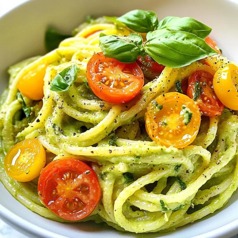 - Pasta types suitable for creamy avocado pasta: - Use spaghetti for a classic feel. - Penne or fusilli also work well. - Gluten-free pasta is a good option too. - Freshness of avocados and other ingredients: - Choose ripe avocados; they should feel soft but not mushy. - Fresh garlic enhances flavor. - Use bright green basil for freshness. - Fresh lemon juice adds a nice zing. - Recommended cheese or vegan alternatives: - I suggest grated Parmesan for richness. - Nutritional yeast makes a great vegan option. - If you want extra creaminess, add more cheese or yeast. This mix of fresh ingredients makes creamy avocado pasta taste amazing. Each component adds its own flavor and texture. {{ingredient_image_1}} To boil pasta perfectly, start with a large pot. Fill it with water and add a generous amount of salt. This step adds flavor to the pasta. Bring the water to a rolling boil before adding your 12 oz of spaghetti or your favorite pasta. Stir the pasta gently to prevent it from sticking. Follow the package instructions for cooking time. After cooking, it’s essential to reserve about 1 cup of pasta water. This water is starchy and will help to thicken the sauce later. Once the pasta is al dente, drain it and set it aside. For a creamy sauce, we need ripe avocados. Cut two avocados in half, remove the pit, and scoop the flesh into a blender. Add 2 cloves of minced garlic, 1/4 cup of fresh basil leaves, 2 tablespoons of lemon juice, and 1/4 cup of extra-virgin olive oil. Blend these until you get a smooth and creamy consistency. To season the sauce, add salt and pepper to taste. If the sauce seems too thick, use the reserved pasta water. Add a little at a time until you reach your desired creaminess. In a large mixing bowl, combine the drained pasta and the creamy avocado sauce. Toss gently to coat the pasta evenly. This step is key to ensuring every bite is delicious. Next, stir in 1/4 cup of grated Parmesan cheese or nutritional yeast for a vegan option. Toss once more to mix it well. For the final touch, serve the pasta in deep bowls. Garnish with halved cherry tomatoes and extra basil leaves. Drizzle a bit of olive oil on top and sprinkle more Parmesan cheese for a gourmet look. Enjoy your delightful creamy avocado pasta! To make the sauce just right, you can adjust the consistency with pasta water. After cooking your pasta, keep some water aside before draining. If your sauce is too thick, add a little pasta water. Mix it in slowly until you reach the smoothness you like. This step is key for that creamy texture! You can also enhance flavor with extra herbs or spices. Fresh basil is great, but try adding a pinch of red pepper flakes for heat. You could also mix in some oregano or even a bit of lemon zest. These small tweaks can make a big difference in taste. Creamy avocado pasta pairs well with many sides. A simple green salad adds freshness. Garlic bread is another tasty choice to soak up the extra sauce. You can also serve it with grilled vegetables for a healthy touch. For garnishing, think about colors and textures. Cherry tomatoes add a pop of red. Extra basil leaves bring a fresh look. You can also sprinkle more Parmesan cheese on top for a rich finish. Drizzle some olive oil for added flavor and shine. These ideas make your dish not just tasty but beautiful, too! Pro Tips Choose Ripe Avocados: Ensure your avocados are perfectly ripe for the creamiest sauce. They should yield slightly to gentle pressure when squeezed. If they're not ripe, place them in a paper bag at room temperature for a day or two to speed up the ripening process. Customize Your Herbs: While basil adds a fresh flavor, feel free to mix in other herbs like cilantro or parsley for a unique twist. This will enhance the flavor profile and keep your dish interesting. Adjust the Consistency: If you prefer a thicker sauce, you can skip the reserved pasta water. For a lighter sauce, gradually add the pasta water until you reach your desired consistency—this also helps the sauce cling better to the pasta. Garnish Creatively: Elevate your dish's presentation by using colorful garnishes like edible flowers or microgreens along with cherry tomatoes and basil. This not only looks stunning but also adds extra flavor and freshness. {{image_2}} You can easily boost your creamy avocado pasta with proteins. Grilled chicken adds great flavor and texture. Shrimp also works well, giving a nice seafood touch. For a vegetarian option, consider using chickpeas or black beans. They add protein and pair nicely with the creamy sauce. You can even toss in some tofu for a filling meal. If you want a vegan dish, replace dairy ingredients with plant-based options. Use nutritional yeast instead of Parmesan cheese. It gives a similar cheesy taste without any animal products. For creaminess, you can add cashew cream or even silken tofu. These options keep the dish rich and satisfying while being fully plant-based. To make your pasta even more exciting, add seasonal vegetables. Fresh spinach, zucchini, or peas can enhance both taste and nutrition. Want some heat? You can sprinkle chili flakes or slice jalapeños into the mix. This adds a spicy kick that pairs well with the creamy sauce. Explore different flavors to make each pasta dish unique and tailored to your taste. To store creamy avocado pasta, place it in an airtight container. This keeps the pasta fresh for longer. If you want to prevent browning, squeeze a bit of lemon juice on top. This helps maintain that bright green color. Creamy avocado pasta lasts in the fridge for about 2 to 3 days. After this time, the avocados may brown and the flavor might change. Always check for any off smells before eating leftovers. When reheating, you want to keep the pasta creamy. The best way to do this is to use low heat. You can use a skillet on the stove or a microwave. If using a microwave, add a little water or olive oil. This will help to keep the sauce from drying out. If you use a skillet, heat it gently and stir often. This allows the sauce to warm up without losing its creaminess. Always reheat in small batches for the best results. You can use nutritional yeast instead of Parmesan cheese. It adds a similar cheesy taste without dairy. Other good choices are vegan Parmesan or cashew cheese. These options work well in the creamy avocado sauce and keep the dish rich and tasty. Yes, you can easily make this recipe vegan. Simply swap out the Parmesan cheese for nutritional yeast. Use a good quality olive oil and ensure your pasta is egg-free. These small changes will keep your creamy avocado pasta plant-based and delicious. To spice up your creamy avocado pasta, add red pepper flakes. You can also mix in diced jalapeños for heat. For another twist, try adding a splash of hot sauce to your avocado sauce. Adjust the spice to your liking for a kick! You can make a delicious creamy avocado pasta with easy steps. Start with fresh ingredients, like ripe avocados and the right pasta. Remember to reserve pasta water for the perfect sauce. You can add proteins or try vegan options to suit your taste. Don't forget about storage and reheating tips to enjoy leftovers. With these ideas, you will impress any guest. Try new flavors and get creative. Enjoy your cooking and the tasty results!