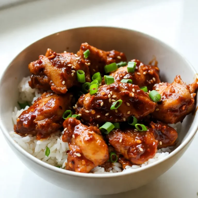 To make Spicy Sriracha Honey Chicken, you need the following key ingredients: - 1 lb chicken thighs, boneless and skinless - 2 tablespoons Sriracha sauce - 3 tablespoons honey - 1 tablespoon soy sauce - 1 tablespoon rice vinegar - 2 cloves garlic, minced - 1 teaspoon fresh ginger, grated - Salt and pepper to taste - 1 tablespoon vegetable oil (for frying) These ingredients combine to create a sweet and spicy flavor that is hard to resist. The chicken thighs stay juicy, while the Sriracha adds a nice kick. For the finishing touch, you can add garnishes that enhance the dish: - Sesame seeds - Chopped green onions These garnishes add crunch and color. They also bring extra flavor to the meal. To cook this dish, having the right tools makes everything easier: - Large skillet - Mixing bowl - Whisk - Measuring spoons - Knife and cutting board These tools help you prepare and cook the chicken perfectly. With these ingredients and tools, you are ready to create a flavorful dinner delight. {{ingredient_image_1}} Start by cutting the chicken thighs into bite-sized pieces. This helps them cook evenly. Season the chicken with salt and pepper. This simple step enhances the chicken's flavor. I use about a teaspoon of each. Make sure every piece is coated well. In a bowl, whisk together the Sriracha sauce, honey, soy sauce, rice vinegar, minced garlic, and grated ginger. The Sriracha adds heat, while honey adds sweetness. The garlic and ginger give it a nice depth. This marinade is the heart of the dish. Mix until everything blends well. You want a smooth sauce that coats the chicken. Heat a tablespoon of vegetable oil in a large skillet over medium-high heat. Once the oil shimmers, add the marinated chicken pieces. Cook the chicken for about 5-7 minutes on each side. You want it golden brown and cooked through. The internal temperature should reach 165°F (75°C). If you have leftover marinade, pour it over the chicken after flipping. Let it simmer for 2-3 minutes. This thickens the sauce and adds flavor. When done, garnish with sesame seeds and chopped green onions. Serve it over rice for a tasty meal. To get the best taste, marinate your chicken well. Use a bowl to mix Sriracha, honey, soy sauce, rice vinegar, minced garlic, and grated ginger. Add the chicken pieces and coat them well. For deeper flavor, let them soak for at least 30 minutes. If you can, marinate overnight in the fridge. This helps the chicken soak up all those spicy and sweet flavors. Cook the chicken over medium-high heat. This keeps it juicy and tender. Aim for about 5-7 minutes on each side. Make sure the chicken is golden brown and fully cooked. Check that it reaches an internal temperature of 165°F or 75°C. If your pieces are larger, you may need a bit more time. Always adjust based on how your chicken looks and feels. First, use a nice bowl to serve your dish. Place fluffy rice at the bottom. Then, add the cooked chicken on top. Drizzle the thickened sauce over the chicken. Garnish with sesame seeds and chopped green onions for a pop of color. This makes your meal look tasty and inviting. Enjoy the lovely colors and flavors! Pro Tips Marinate for Flavor: Allowing the chicken to marinate overnight will enhance the flavors significantly, making the dish even more delicious. Adjust the Heat: If you prefer a milder dish, reduce the amount of Sriracha sauce, or add more honey to balance the flavors. Check Temperature: Ensure the chicken is fully cooked by checking that the internal temperature reaches 165°F (75°C) to guarantee safety and tenderness. Serve with Sides: Pairing this dish with steamed vegetables or a fresh salad can complement the spiciness and add a refreshing contrast. {{image_2}} You can switch some ingredients to change the taste of your dish. Try using chicken breasts instead of thighs. They cook faster and are leaner. For a twist, add lime juice instead of rice vinegar. This adds a bright, tangy flavor. You might also replace Sriracha with another hot sauce if you want a milder dish. If you like sweetness, try adding maple syrup instead of honey. It gives a nice depth. To make this dish healthier, use less oil when frying. You can bake the chicken instead. Just place it on a lined baking sheet and bake at 400°F for 20-25 minutes. This keeps it juicy without extra fat. You can also use low-sodium soy sauce to cut back on salt. Adding more veggies, like bell peppers or broccoli, boosts nutrition and color. I love serving Spicy Sriracha Honey Chicken over rice or quinoa. It soaks up the sauce well and makes each bite tasty. You can also pair it with steamed vegetables to add crunch and health. For a fun twist, serve it in lettuce cups for a fresh wrap. Top it with extra sesame seeds and green onions for a pop of flavor and color. To keep your spicy Sriracha honey chicken fresh, let it cool first. Then, place it in an airtight container. Make sure to store it in the fridge. It should last for about 3 to 4 days. If you want to keep it longer, freezing is a great option. When you're ready to eat your leftovers, reheat gently. You can use a skillet on medium heat. Add a splash of water or broth to keep it moist. Stir often until it's hot all the way through. You can also use a microwave. Just heat it in short bursts, stirring in between. To freeze, first, pack the chicken in a freezer-safe container. Make sure to label it with the date. It can last up to 3 months in the freezer. When you're ready to eat, thaw it in the fridge overnight. After thawing, reheat it following the instructions above for the best taste. You can serve this chicken with fluffy rice. It soaks up the sauce well. Steamed veggies like broccoli or snap peas add color and nutrients. You can also try a fresh salad for crunch. Serve it with warm tortillas for a fun twist. Yes, you can use chicken breasts. They will work just fine. However, thighs stay juicier and more tender. If you choose breasts, make sure to watch the cooking time. Breasts cook faster, so check for doneness around 5-6 minutes per side. Absolutely! You can use tofu or tempeh as a delicious swap. Both will soak up the marinade flavors well. Cut them into bite-sized pieces and follow the same cooking steps. You can also try seitan for a meat-like texture. Just adjust cooking times as needed. In this blog post, we explored the ingredients and steps needed to make Spicy Sriracha Honey Chicken. We discussed main ingredients, optional garnishes, and useful cooking tools. I shared tips for marinating, adjusting cooking times, and how to present your dish nicely. We also looked at variations and storage methods for leftovers. This recipe is not only tasty but also adaptable. You can make it your own by adding flavors you love. Enjoy cooking and share your creations!