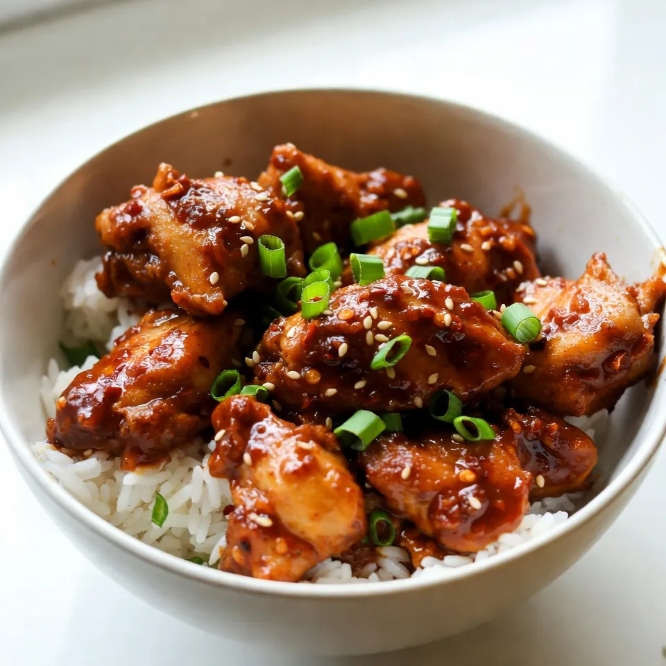 To make Spicy Sriracha Honey Chicken, you need the following key ingredients: - 1 lb chicken thighs, boneless and skinless - 2 tablespoons Sriracha sauce - 3 tablespoons honey - 1 tablespoon soy sauce - 1 tablespoon rice vinegar - 2 cloves garlic, minced - 1 teaspoon fresh ginger, grated - Salt and pepper to taste - 1 tablespoon vegetable oil (for frying) These ingredients combine to create a sweet and spicy flavor that is hard to resist. The chicken thighs stay juicy, while the Sriracha adds a nice kick. For the finishing touch, you can add garnishes that enhance the dish: - Sesame seeds - Chopped green onions These garnishes add crunch and color. They also bring extra flavor to the meal. To cook this dish, having the right tools makes everything easier: - Large skillet - Mixing bowl - Whisk - Measuring spoons - Knife and cutting board These tools help you prepare and cook the chicken perfectly. With these ingredients and tools, you are ready to create a flavorful dinner delight. {{ingredient_image_1}} Start by cutting the chicken thighs into bite-sized pieces. This helps them cook evenly. Season the chicken with salt and pepper. This simple step enhances the chicken's flavor. I use about a teaspoon of each. Make sure every piece is coated well. In a bowl, whisk together the Sriracha sauce, honey, soy sauce, rice vinegar, minced garlic, and grated ginger. The Sriracha adds heat, while honey adds sweetness. The garlic and ginger give it a nice depth. This marinade is the heart of the dish. Mix until everything blends well. You want a smooth sauce that coats the chicken. Heat a tablespoon of vegetable oil in a large skillet over medium-high heat. Once the oil shimmers, add the marinated chicken pieces. Cook the chicken for about 5-7 minutes on each side. You want it golden brown and cooked through. The internal temperature should reach 165°F (75°C). If you have leftover marinade, pour it over the chicken after flipping. Let it simmer for 2-3 minutes. This thickens the sauce and adds flavor. When done, garnish with sesame seeds and chopped green onions. Serve it over rice for a tasty meal. To get the best taste, marinate your chicken well. Use a bowl to mix Sriracha, honey, soy sauce, rice vinegar, minced garlic, and grated ginger. Add the chicken pieces and coat them well. For deeper flavor, let them soak for at least 30 minutes. If you can, marinate overnight in the fridge. This helps the chicken soak up all those spicy and sweet flavors. Cook the chicken over medium-high heat. This keeps it juicy and tender. Aim for about 5-7 minutes on each side. Make sure the chicken is golden brown and fully cooked. Check that it reaches an internal temperature of 165°F or 75°C. If your pieces are larger, you may need a bit more time. Always adjust based on how your chicken looks and feels. First, use a nice bowl to serve your dish. Place fluffy rice at the bottom. Then, add the cooked chicken on top. Drizzle the thickened sauce over the chicken. Garnish with sesame seeds and chopped green onions for a pop of color. This makes your meal look tasty and inviting. Enjoy the lovely colors and flavors! Pro Tips Marinate for Flavor: Allowing the chicken to marinate overnight will enhance the flavors significantly, making the dish even more delicious. Adjust the Heat: If you prefer a milder dish, reduce the amount of Sriracha sauce, or add more honey to balance the flavors. Check Temperature: Ensure the chicken is fully cooked by checking that the internal temperature reaches 165°F (75°C) to guarantee safety and tenderness. Serve with Sides: Pairing this dish with steamed vegetables or a fresh salad can complement the spiciness and add a refreshing contrast. {{image_2}} You can switch some ingredients to change the taste of your dish. Try using chicken breasts instead of thighs. They cook faster and are leaner. For a twist, add lime juice instead of rice vinegar. This adds a bright, tangy flavor. You might also replace Sriracha with another hot sauce if you want a milder dish. If you like sweetness, try adding maple syrup instead of honey. It gives a nice depth. To make this dish healthier, use less oil when frying. You can bake the chicken instead. Just place it on a lined baking sheet and bake at 400°F for 20-25 minutes. This keeps it juicy without extra fat. You can also use low-sodium soy sauce to cut back on salt. Adding more veggies, like bell peppers or broccoli, boosts nutrition and color. I love serving Spicy Sriracha Honey Chicken over rice or quinoa. It soaks up the sauce well and makes each bite tasty. You can also pair it with steamed vegetables to add crunch and health. For a fun twist, serve it in lettuce cups for a fresh wrap. Top it with extra sesame seeds and green onions for a pop of flavor and color. To keep your spicy Sriracha honey chicken fresh, let it cool first. Then, place it in an airtight container. Make sure to store it in the fridge. It should last for about 3 to 4 days. If you want to keep it longer, freezing is a great option. When you're ready to eat your leftovers, reheat gently. You can use a skillet on medium heat. Add a splash of water or broth to keep it moist. Stir often until it's hot all the way through. You can also use a microwave. Just heat it in short bursts, stirring in between. To freeze, first, pack the chicken in a freezer-safe container. Make sure to label it with the date. It can last up to 3 months in the freezer. When you're ready to eat, thaw it in the fridge overnight. After thawing, reheat it following the instructions above for the best taste. You can serve this chicken with fluffy rice. It soaks up the sauce well. Steamed veggies like broccoli or snap peas add color and nutrients. You can also try a fresh salad for crunch. Serve it with warm tortillas for a fun twist. Yes, you can use chicken breasts. They will work just fine. However, thighs stay juicier and more tender. If you choose breasts, make sure to watch the cooking time. Breasts cook faster, so check for doneness around 5-6 minutes per side. Absolutely! You can use tofu or tempeh as a delicious swap. Both will soak up the marinade flavors well. Cut them into bite-sized pieces and follow the same cooking steps. You can also try seitan for a meat-like texture. Just adjust cooking times as needed. In this blog post, we explored the ingredients and steps needed to make Spicy Sriracha Honey Chicken. We discussed main ingredients, optional garnishes, and useful cooking tools. I shared tips for marinating, adjusting cooking times, and how to present your dish nicely. We also looked at variations and storage methods for leftovers. This recipe is not only tasty but also adaptable. You can make it your own by adding flavors you love. Enjoy cooking and share your creations!