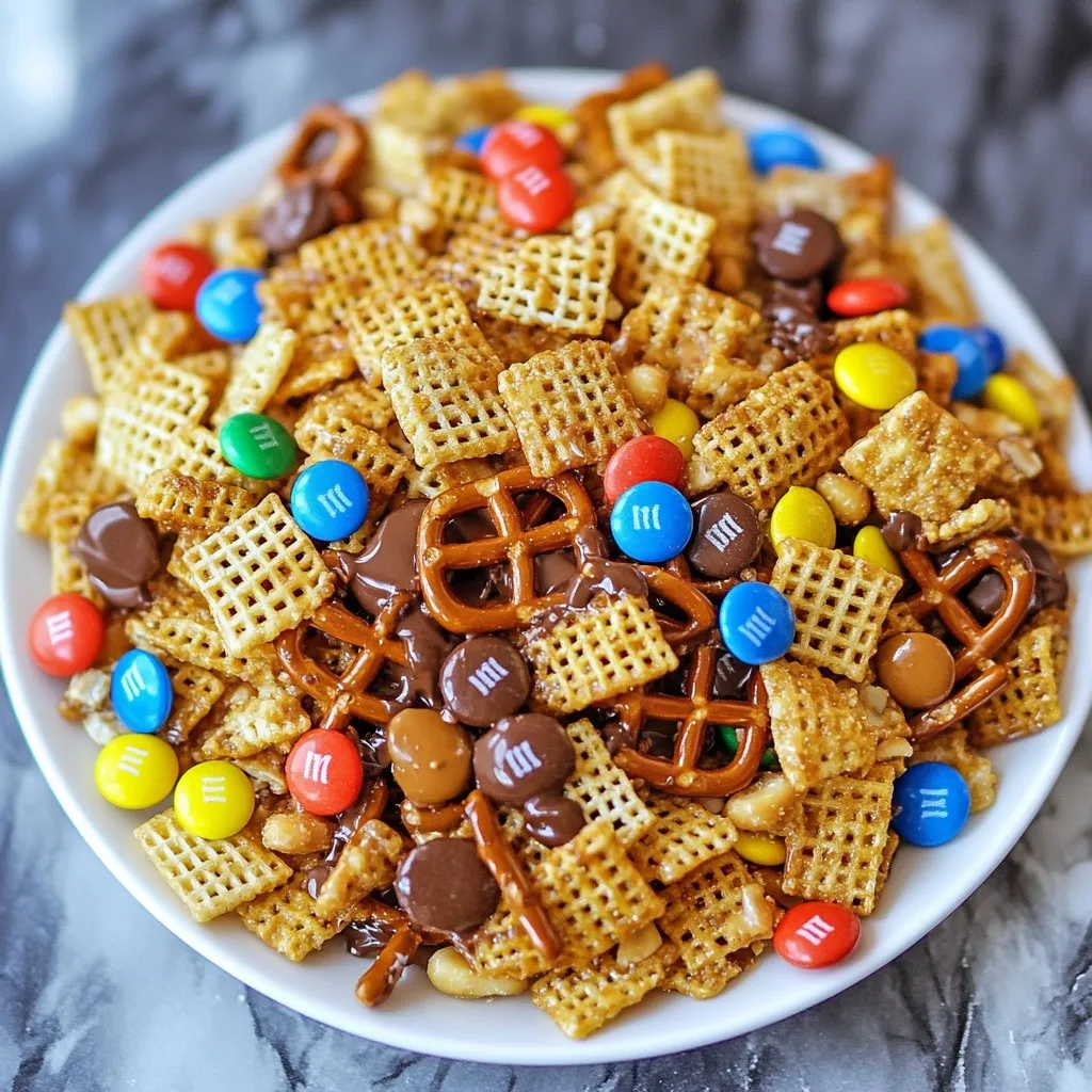 To make Peanut Butter Chocolate Chex Mix, gather these simple ingredients: - 3 cups Rice Chex cereal - 2 cups Corn Chex cereal - 1 cup pretzel twists - 1 cup unsalted peanuts - 1 cup chocolate chips (semi-sweet or dark) - ½ cup creamy peanut butter - ¼ cup honey or maple syrup - 1 teaspoon vanilla extract - ½ teaspoon sea salt - Optional: ½ cup M&M's or other colorful candies Each ingredient plays a key role. The Chex cereals add crunch, while the pretzels bring a salty touch. Peanuts give a nutty flavor, and chocolate adds sweetness. Peanut butter helps bind everything. Honey or maple syrup adds sweetness and shine. If you need to make swaps, you can easily do so. Here are some ideas: - Use any type of Chex cereal you like. Wheat or chocolate Chex work well too. - Swap pretzels for popcorn for a lighter option. - Use roasted nuts if you want a deeper flavor. - Try almond butter or cashew butter instead of peanut butter for a different taste. - Maple syrup can replace honey for a vegan option. You can make this mix even more fun! Here are some tasty add-ins: - Add ½ cup M&M's or other colorful candies for a pop of color. - Toss in mini marshmallows for a chewy texture. - Include dried fruit, like raisins or cranberries, for sweetness. - Add toasted coconut for a tropical twist. Feel free to mix and match to create your perfect snack! {{ingredient_image_1}} Start by getting a large mixing bowl. Measure out 3 cups of Rice Chex and 2 cups of Corn Chex. Add in 1 cup of pretzel twists and 1 cup of unsalted peanuts. Gently toss them together. You want to mix them well but be careful not to break anything. The mix should be colorful and fun to look at. Next, grab a microwave-safe bowl. Add 1 cup of chocolate chips, ½ cup of creamy peanut butter, and ¼ cup of honey or maple syrup. Also, include 1 teaspoon of vanilla extract and ½ teaspoon of sea salt. Microwave this mixture in 30-second bursts. Stir after each interval. Keep going until the mix is smooth and melted. It should look shiny and rich. Now, pour the melted chocolate mixture over the Chex mix in the bowl. Use a spatula to fold everything together. Make sure every piece of cereal, pretzel, and peanut gets a nice coat of chocolate. Once mixed well, spread it out on a baking sheet lined with parchment paper. Let it cool at room temperature for about 30-45 minutes. If you want to speed things up, put it in the fridge for a quicker set. If you like, fold in ½ cup of M&M's after it cools. Once set, break the mix into pieces. Enjoy your tasty snack! You want to keep your Peanut Butter Chocolate Chex Mix fresh and tasty. Store it in an airtight container. This helps keep the mix crunchy and full of flavor. I like to use glass jars or plastic bins. They work great! You can store it at room temperature for up to a week. For longer storage, put it in the fridge. This can help keep it fresh for up to two weeks. Texture is key! To get that perfect crunch, don’t skip the cooling step. After mixing, spread the Chex mix out on a baking sheet. Let it cool completely before breaking it apart. If you want extra crunch, you can bake it for a few minutes at a low heat. Just watch it closely so it doesn’t burn. Melting chocolate can be tricky. To get it just right, use a microwave-safe bowl. Microwave in short bursts of 30 seconds. Stir after each burst. This helps the chocolate melt evenly. If you notice clumps, keep mixing! If you want a smoother mix, add a tiny bit of coconut oil. This helps the chocolate coat the Chex better. Pro Tips Use Fresh Ingredients: For the best flavor, use fresh and high-quality chocolate chips and peanut butter. This will enhance the overall taste of your Chex mix. Customize Your Mix: Feel free to substitute or add other ingredients like almonds, cashews, or different cereals to personalize your Chex mix to your liking. Storage Tips: Store your Chex mix in an airtight container at room temperature to keep it fresh and crunchy for longer. Perfect for Gifting: This Chex mix makes for a great homemade gift! Package it in a decorative jar or bag for a thoughtful treat. {{image_2}} You can switch up the nuts in your Chex mix. Instead of peanuts, try almonds or cashews. Walnuts add a nice crunch, too. If you want a nut-free mix, use seeds like pumpkin or sunflower seeds. These swaps keep the mix tasty and fun. The chocolate coating can change with just a few tweaks. Use white chocolate for a sweeter taste. You can add a sprinkle of cinnamon for warmth. For a fun twist, try adding peanut butter chips. Each change gives the mix a new flavor to enjoy. Seasonal mix-ins jazz up your Chex mix for any holiday. For Halloween, add candy corn or pumpkin spice. At Christmas, use red and green M&M's or festive sprinkles. In the spring, try pastel candies or dried fruit. These additions make your mix festive and exciting! To keep your Peanut Butter Chocolate Chex Mix fresh, store it in an airtight container. This helps lock in flavors and prevents it from getting soggy. A glass jar or plastic container with a tight lid works well. If you want, you can also use resealable bags. Just squeeze out the air before sealing. This tasty snack lasts about one week at room temperature. If you want to extend its life, keep it in the fridge. In the fridge, it can last up to two weeks. Just remember to let it come to room temperature before serving for the best crunch. You can freeze your Chex mix if you want to save some for later. Place it in an airtight container or freezer bag. It can stay fresh for up to three months in the freezer. When you’re ready to eat it, just take it out and let it thaw at room temperature. Avoid refreezing it to keep the texture nice and crunchy. Yes, you can use other cereals. Any crispy or crunchy cereal works well. Try using Cheerios, Corn Pops, or even Fruity Pebbles for fun flavors. Mixing different cereals adds unique textures and tastes. Just make sure they hold up when coated with the chocolate mixture. When stored in an airtight container, your Chex mix can last up to two weeks. Keep it in a cool, dry place for the best freshness. If it becomes stale, you can still enjoy it, but the crunch will be gone. For longer storage, consider freezing it. If you need a substitute, try agave syrup or brown rice syrup. Both options add sweetness. You can also use granulated sugar, but it won't mix as smoothly. Adjust the amount to taste, as some sweeteners are sweeter than others. This blog post covered the key elements of making Chex mix. We explored the ingredients, substitutions, and optional add-ins. I shared step-by-step instructions for melting, mixing, and cooling your treat. Useful tips helped you store the mix and achieve the best texture. We also looked at various flavors and storage info. In conclusion, making Chex mix is easy and fun. Get creative with your ingredients! Enjoy your tasty snack while sharing it with family and friends.