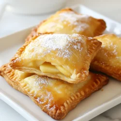 Here’s what you need for these tasty Air Fryer Apple Hand Pies: - 2 large apples (Granny Smith or Honeycrisp), peeled, cored, and diced - 1 tablespoon lemon juice - 1 teaspoon cinnamon - 2 tablespoons brown sugar - 1 tablespoon all-purpose flour - 1 package of pre-made pie crusts (or homemade if preferred) - 1 egg, beaten (for egg wash) - Powdered sugar (for dusting, optional) Gathering these ingredients is easy. Choose sweet apples for a great flavor. You can use store-bought pie crusts to save time. If you want to make your own, that works too! The lemon juice helps keep the apples fresh and bright. Cinnamon adds warmth and spice. Brown sugar gives a nice sweetness and depth. The flour helps thicken the filling to keep it from being too runny. Once you have everything, you can start making these delicious hand pies. Each ingredient plays a role in creating the perfect treat. The mix of flavors will excite your taste buds, while the texture will make you want more. Trust me, once you try these, you’ll want to make them again and again! {{ingredient_image_1}} Start by dicing two large apples. I recommend using Granny Smith or Honeycrisp for a great balance of sweet and tart. Place the diced apples in a bowl. Add one tablespoon of lemon juice to keep the apples fresh. Then, sprinkle in one teaspoon of cinnamon, two tablespoons of brown sugar, and one tablespoon of flour. Mix everything well. This step helps coat the apples and adds flavor. Next, take your pre-made pie crusts. Roll them out on a lightly floured surface to smooth any wrinkles. Use a round cutter, about four inches in diameter, to cut out circles. Place about one tablespoon of the apple mixture in the center of each dough circle. Make sure to leave a small border around the edges. Fold the dough over to create a half-moon shape. Press the edges to seal them well. Use a fork to crimp the edges for a nice look. Now it's time to preheat your air fryer. Set it to 350°F (175°C) for about three minutes. While it heats, brush the tops of the hand pies with a beaten egg. This will give them a golden finish. Place the hand pies in the air fryer basket in a single layer. You may need to do this in batches. Air fry them for 10 to 12 minutes. Look for a golden brown color and a crispy texture. Once done, remove them from the air fryer and let them cool slightly. If you like, dust them with powdered sugar before serving. You want apples that give great flavor and hold their shape. I suggest using Granny Smith or Honeycrisp apples. - Granny Smith: They are tart and firm. They balance the sweetness well. - Honeycrisp: These apples are sweet and juicy. They add a nice crunch. Using a mix can also work well. It gives a blend of flavors in each bite. A good seal keeps the filling inside. Here’s how to seal your hand pies: - After placing the filling, fold the dough over carefully. - Press the edges firmly to seal. - Use a fork to crimp the edges. This adds a nice touch and helps seal better. If you worry about leaks, you can brush a little water on the edges before sealing. You can prep these pies ahead for easy baking later. Here are some tips: - After assembling your hand pies, lay them on a baking sheet. - Cover them with plastic wrap and store them in the fridge. They can stay fresh for one day. - For longer storage, freeze the unbaked pies. Just make sure they are in a single layer. When you’re ready to bake, just air fry them straight from the freezer. Add a few extra minutes to the cooking time. Pro Tips Choose the Right Apples: Opt for firmer apple varieties like Granny Smith or Honeycrisp for a perfect balance of tartness and sweetness. Seal the Edges Well: Ensure the edges of the hand pies are sealed tightly to prevent any filling from leaking during cooking. Adjust Cooking Time: Depending on your air fryer model, you may need to adjust the cooking time slightly. Keep an eye on them to avoid over-browning. Serve Warm: These hand pies are best enjoyed warm. Consider serving them with a scoop of vanilla ice cream for an extra treat! {{image_2}} You can change up the filling for your hand pies. Try using different fruits. Here are some tasty options: - Pears: Sweet and juicy, these add a nice twist. - Berries: Use blueberries, raspberries, or strawberries for a fresh flavor. - Cherries: Tart cherries can give a sweet and sour taste. - Peaches: Soft and sweet, these are great in summer. Each fruit brings its own flavor. Feel free to mix and match, too! Hand pies don't have to be sweet. You can make them savory, too! Consider these ideas: - Cheese and Spinach: Mix ricotta or feta cheese with spinach for a creamy filling. - Meat and Veggies: Ground beef or chicken with diced veggies makes a hearty pie. - Mushrooms and Herbs: Sautéed mushrooms with thyme or rosemary create a rich flavor. Savory hand pies make great snacks or meals. If you need gluten-free or vegan options, I have ideas for you: - Gluten-Free Crust: Use a gluten-free pie crust, which you can find at stores. - Vegan Butter: Substitute regular butter with vegan butter for the crust. - Egg Wash Substitute: Brush the pies with coconut milk instead of egg for a golden finish. These swaps keep the flavors intact while meeting dietary needs. Enjoy your tasty treats! You can store cooked hand pies in the fridge or freezer. To keep them fresh, let them cool completely. Then, put them in an airtight container. If you have many, layer them with parchment paper between each one. For freezing, wrap them tightly in plastic wrap and place them in a freezer bag. To reheat your hand pies and keep them crispy, use an air fryer or oven. Set the air fryer to 350°F (175°C) and heat for about 5 minutes. If using the oven, preheat it to 350°F (175°C) and bake for 10 minutes. This method keeps the crust nice and flaky. Cooked hand pies last about 3 to 5 days in the fridge. If frozen, they can stay fresh for up to 3 months. Always check for any signs of spoilage before eating. Freshness is key to enjoying these tasty treats! Yes, you can use homemade pie crust. To make your own, mix 1 ½ cups of all-purpose flour, ½ teaspoon of salt, and ½ cup of cold butter. Add 4-5 tablespoons of ice water until the dough forms. Roll it out on a floured surface. Cut circles just like with store-bought crust. This gives you a fresh taste. Look for a lovely golden brown color on the crust. The edges should be firm to the touch. If you poke them gently, they should feel crispy but not hard. You might also hear a slight crunch when you tap them. These signs mean your hand pies are ready to enjoy. You can serve these hand pies with a scoop of vanilla ice cream for a warm dessert. A drizzle of caramel sauce or chocolate sauce adds extra sweetness. You can also pair them with whipped cream or a sprinkle of cinnamon for a fun twist. Enjoy these treats with friends or family! Making air fryer apple hand pies is fun and easy. We covered ingredients, step-by-step instructions, and tips to make them perfect. You learned about variations like gluten-free or savory options. Enjoy your delicious pies and impress your friends and family. These hand pies are great for any occasion. Now, grab your ingredients and start baking! Your kitchen will smell amazing.