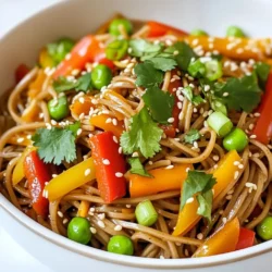 - 200g soba noodles - 1 tablespoon sesame oil - 2 tablespoons soy sauce - 1 tablespoon fresh ginger, grated - 1 tablespoon honey (or maple syrup for a vegan option) - 1 tablespoon rice vinegar - 1 cup mixed vegetables (e.g., bell peppers, carrots, and snap peas) - 1 green onion, sliced - 1 tablespoon sesame seeds - Fresh cilantro for garnish - Salt and pepper to taste This dish is simple yet full of flavor. Soba noodles have a nutty taste and are a great base. You start with 200 grams of these noodles. They cook quickly, which is perfect for a weeknight meal. Next, you need some sesame oil. Just one tablespoon adds a rich, toasty note. Then, grab two tablespoons of soy sauce for that savory umami kick. For a bit of zing, add one tablespoon of fresh ginger, grated finely. If you like a touch of sweetness, use one tablespoon of honey. If you want to keep it vegan, maple syrup works well. A tablespoon of rice vinegar adds brightness to the bowl. Now for the colors! Use one cup of mixed vegetables. Bell peppers, carrots, and snap peas work nicely together. They add crunch and nutrition. Don't forget the green onion! One sliced green onion gives a fresh bite. For a final touch, sprinkle one tablespoon of sesame seeds for crunch and flavor. Garnish with fresh cilantro for a pop of color and flavor. Lastly, season with salt and pepper to taste. This mix of ingredients makes a tasty and healthy meal that is easy to prepare. {{ingredient_image_1}} Start by boiling water in a pot. Add 200g of soba noodles. Cook them as the package says. This usually takes about 4 to 6 minutes. Stir gently to prevent sticking. Once done, drain the noodles. Rinse them under cold water. This stops the cooking. Set the noodles aside for later. Grab a small bowl. In it, whisk together 1 tablespoon of sesame oil, 2 tablespoons of soy sauce, and 1 tablespoon of grated ginger. Add 1 tablespoon of honey or maple syrup if you want it vegan. Then, mix in 1 tablespoon of rice vinegar. Whisk until the sauce looks smooth. This sauce will give your dish a big flavor boost. Heat a non-stick skillet over medium heat. Add your mixed vegetables, like bell peppers, carrots, and snap peas. Sauté them for 3-4 minutes. You want them tender but still crunchy. Season with salt and pepper to taste. This step adds color and freshness to your bowl. Now it's time to bring it all together. Add the cooked soba noodles to your skillet with the veggies. Pour the sesame ginger sauce over everything. Toss it all together gently. Make sure the noodles and veggies get coated well. Heat it for 2-3 minutes. Once everything is warmed through, remove from heat. Top with sliced green onions and sesame seeds. Serve your noodle bowl and add fresh cilantro for a lovely finish. Enjoy your tasty creation! To cook soba noodles just right, follow these steps: - Boil water in a pot. - Add the soba noodles. - Cook for about 4-5 minutes. - Stir gently to prevent sticking. - Taste a noodle to check doneness. - Drain and rinse under cold water. This stops the cooking and keeps them from getting mushy. Rinsing also helps improve the texture. You can easily make this dish vegan. Here are some swaps: - Use maple syrup instead of honey. - Try adding tofu for protein. - Use vegetable broth instead of water for cooking noodles. These changes make the dish plant-based while keeping it tasty. Want to boost the flavor of your noodle bowl? Consider these options: - Add garlic for a savory kick. - Include chili flakes for heat. - Try different vegetables like zucchini or mushrooms. - Top with crushed peanuts for crunch. These additions can elevate your dish and make it unique. Don't hesitate to mix and match! Pro Tips Perfectly Cooked Noodles: Make sure to cook the soba noodles just until al dente, as they will continue to cook slightly once you toss them with the vegetables and sauce. Customize Your Veggies: Feel free to swap in your favorite vegetables or whatever you have on hand. Broccoli, zucchini, or mushrooms are great additions! Make It Spicy: Add a dash of chili flakes or a drizzle of sriracha to the sauce for a spicy kick that enhances the flavors of the dish. Garnish for Flavor: Don't skip the fresh cilantro and green onions; they add a burst of freshness and enhance the overall taste of the noodle bowl. {{image_2}} You can add protein to your sesame ginger soba noodle bowl. Tofu works great for a plant-based option. Just press it, cube it, and pan-fry until golden. Chicken is another tasty choice. Slice it thin and cook it in the skillet before adding veggies. Shrimp cooks quickly too. Toss it in for a seafood twist. Each option adds flavor and makes the meal more filling. Feel free to mix and match your vegetables. Bell peppers add sweet crunch, while carrots bring a nice color. Snap peas give a fresh bite. You can even try broccoli, zucchini, or mushrooms. Use whatever you have on hand. The key is to keep them crunchy. This keeps the dish exciting and packed with nutrients. If you're avoiding gluten, soba noodles can be tricky. Look for 100% buckwheat soba noodles. They are safe for a gluten-free diet. You can also swap in rice noodles. They cook quickly and soak up the sauce well. Just follow the package instructions for best results. Enjoy your noodle bowl without worry! Store your sesame ginger soba noodle bowl in an airtight container. Make sure it is cool before sealing. This keeps the flavors fresh. You can keep it in the fridge for up to three days. To reheat, place the noodles in a microwave-safe bowl. Add a splash of water to keep them moist. Heat in short bursts of 30 seconds. Stir in between to heat evenly. You can also reheat on the stove. Just add a little oil to a pan and warm over low heat. Freezing soba noodle bowls is a great option. First, let the dish cool completely. Then, portion it into freezer-safe containers. Leave a little space at the top for expansion. You can freeze them for up to one month. When ready to eat, thaw in the fridge overnight. Reheat as mentioned above. Yes, you can use other noodles. Rice noodles or whole wheat pasta work well. They will change the taste slightly but keep the dish delicious. Just make sure to adjust cooking times as needed. This recipe is great for meal prep! You can cook the noodles and veggies ahead of time. Store them in the fridge for up to four days. Just add the sauce when you’re ready to eat. If you need a substitute, try agave syrup or brown sugar. These options keep the sweetness. You can also use a sugar-free sweetener if you prefer. This bowl has a mild spice level. The ginger adds warmth without being hot. If you want more heat, add a pinch of red pepper flakes. In this post, we explored a tasty Sesame Ginger Soba Noodle Bowl. We covered the key ingredients, step-by-step cooking instructions, and helpful tips. You learned how to cook the noodles perfectly, prepare a flavorful sauce, and sauté vibrant veggies. We also discussed fun variations like adding protein or different vegetables. Final thoughts: Enjoy making this dish with your favorite ingredients. It's easy, healthy, and delicious!