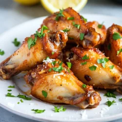 To make Garlic Parmesan Chicken Wings, you need a few key items: - 2 pounds chicken wings - 1/2 cup unsalted butter, melted - 6 cloves garlic, minced - 1/2 cup grated Parmesan cheese - 1 teaspoon dried parsley (or 1 tablespoon fresh parsley, chopped) - 1 teaspoon lemon zest - 1/2 teaspoon salt - 1/4 teaspoon black pepper These ingredients bring a burst of flavor. The chicken wings are juicy, and the garlic adds a nice kick. If you want to spice things up, consider these extras: - Red pepper flakes for heat Adding red pepper flakes gives your wings a great kick. Adjust the amount to fit your taste. You will need some basic tools to make these wings: - Baking sheet - Parchment paper or aluminum foil - Large mixing bowl - Separate bowl for the garlic butter mixture - Paper towels for drying the wings These tools help you cook efficiently and keep your kitchen clean. Enjoy making these tasty wings! {{ingredient_image_1}} First, set your oven to 400°F (200°C). Line a baking sheet with parchment paper. This helps with easy cleanup later. Next, take 2 pounds of chicken wings. Pat them dry using paper towels. This step is key for crispy wings. In a bowl, mix together 1/2 cup of melted butter and 6 minced garlic cloves. Add 1/2 cup of grated Parmesan cheese, 1 teaspoon of dried parsley, 1 teaspoon of lemon zest, 1/2 teaspoon of salt, and 1/4 teaspoon of black pepper. Stir well until everything is combined. Pour the garlic butter mixture over the chicken wings. Toss them well to coat each wing. If you want some heat, add red pepper flakes to taste. Place the wings in a single layer on your prepared baking sheet. Bake them in the oven for 30-35 minutes. Flip them halfway through to ensure an even cook. You want them golden-brown and crispy. When the wings are done, take them out of the oven. If there is any garlic butter left, toss the wings in it. Let them rest for a few minutes. Then, plate the wings and sprinkle extra Parmesan and parsley on top. Enjoy your delicious meal! To get crispy chicken wings, start with dry wings. Pat them with paper towels. Moisture makes them soggy. Bake them on a baking sheet with space between each wing. This helps hot air flow around the wings. Flip them halfway through cooking. This ensures even browning. If you want them extra crispy, broil them for the last few minutes. You can swap butter for olive oil if you want a lighter option. For cheese, try Romano or Asiago for a different taste. Fresh garlic gives a stronger flavor than jarred. If you lack parsley, use basil or oregano. You can skip lemon zest if you prefer a milder wing. Just remember that each change alters the final taste. To boost flavor, season the wings before adding the garlic mixture. Sprinkle salt and pepper directly on the wings first. This adds depth. For a spicy kick, mix in red pepper flakes when coating. Let the wings sit for a few minutes after tossing. This lets the flavors blend together. Finally, add a sprinkle of extra Parmesan and parsley when serving for a fresh look and taste. Pro Tips Pat the Wings Dry: Ensuring the chicken wings are dry before baking helps achieve a much crispier texture. Use Fresh Garlic: Freshly minced garlic will provide a more robust flavor compared to pre-minced or jarred garlic. Broil for Extra Crispiness: For an even crispier finish, broil the wings for the last 2-3 minutes of cooking, but keep a close eye to prevent burning. Let Them Rest: Allow the wings to rest for a few minutes after baking; this helps the juices redistribute and enhances the flavor. {{image_2}} You can spice up your Garlic Parmesan wings with red pepper flakes. Add these flakes when you mix the garlic butter. You can also use hot sauce for a different kick. This gives your wings a nice heat without losing the rich garlic and cheese flavors. Baking your wings is a healthier choice. It keeps the wings crispy with less oil. You can bake them at 400°F (200°C) for about 30-35 minutes. For a crispy skin, flip them halfway. If you prefer frying, heat oil to 375°F (190°C) and fry for about 10-12 minutes. Both methods taste great! You can try different cheeses like mozzarella or feta if you want to mix things up. These cheeses melt well and add unique flavors. Fresh herbs like basil or oregano can also change the taste. They add freshness and a new twist to the usual Garlic Parmesan flavor. To store your leftover garlic Parmesan chicken wings, first let them cool. Place the wings in an airtight container. You can keep them in the fridge for up to three days. If you want to keep them longer, freezing is a great option. When you're ready to enjoy those wings again, preheat your oven to 350°F (175°C). Place the wings on a baking sheet in a single layer. Heat for about 15-20 minutes or until they are hot and crispy. You can also microwave them, but they won't be as crispy. For best results, use the oven. To freeze the wings, first, let them cool completely. Then, arrange them in a single layer on a baking sheet. Freeze them for about an hour until they are firm. After that, place the wings in a freezer bag or container. They can last up to three months in the freezer. When you're ready to eat them, just follow the reheating instructions. You can pair these wings with many sauces. Some favorites include ranch dressing, blue cheese dressing, and honey mustard. Each dip brings out the flavor of the wings. If you like heat, try a spicy buffalo sauce. The contrast makes every bite exciting. To make Garlic Parmesan Chicken Wings in an air fryer, follow these steps: - Preheat your air fryer to 400°F (200°C). - Prepare the wings as in the oven method. - Place them in a single layer in the air fryer basket. - Cook for 25-30 minutes, shaking the basket halfway through. This method gives you crispy wings without much oil. Yes, you can use frozen wings. Just remember to thaw them first. This helps the wings cook evenly. You can thaw them overnight in the fridge or use the microwave. Once thawed, follow the same steps in the recipe. Garlic Parmesan Chicken Wings can last 3-4 days in the fridge. Store them in an airtight container. To keep them fresh, let them cool before sealing. If you want them to last longer, consider freezing them. You now know how to make Garlic Parmesan Chicken Wings. We covered the key ingredients, tools, and step-by-step instructions. I shared tips for crispy wings and offered tasty variations. You learned how to store leftovers and reheating methods, ensuring you enjoy these wings later. Experiment with flavors and sauces to find your favorite. With practice, you will master this simple yet delicious dish. Enjoy your tasty creation!