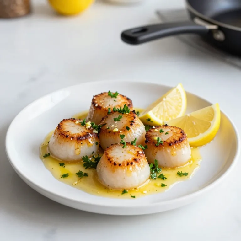 To make Lemon Garlic Butter Scallops, you need a few key ingredients. Here is the list: - 1 lb sea scallops, patted dry - 4 tablespoons unsalted butter - 3 cloves garlic, minced - Zest of 1 lemon - 2 tablespoons fresh lemon juice - 1 teaspoon fresh thyme leaves (or ½ teaspoon dried thyme) - Salt and pepper to taste - Fresh parsley, chopped (for garnish) - Lemon wedges (for serving) These ingredients come together to create a delightful dish. The scallops are sweet and tender, while the butter adds richness. Garlic gives a savory kick, and lemon brings freshness. Fresh thyme adds a hint of earthiness. Using quality ingredients makes all the difference. Always choose fresh scallops for the best flavor. When you prepare this dish, remember that timing matters. The butter must be hot but not browned. This allows the garlic to sauté perfectly. The lemon zest and juice enhance the scallops' natural sweetness. It’s a quick meal packed with flavor and joy. {{ingredient_image_1}} Patting dry the scallops Start by taking your scallops out of the package. Use a paper towel to pat them dry. This helps them sear better. If they are wet, they will steam instead of sear. Mince garlic Next, take three cloves of garlic. Use a knife to chop them into small pieces. Minced garlic adds a lot of flavor to our dish. Melting butter and sautéing garlic In a medium skillet, melt two tablespoons of butter over medium heat. Once it’s melted and bubbly, add the minced garlic. Sauté it for about 30 seconds. You want it fragrant but not browned. Searing the scallops Now, turn up the heat to medium-high. Season each scallop with salt and pepper on both sides. Carefully add the scallops to the hot pan. Sear them for 2-3 minutes until they are golden brown. Flavoring with lemon and thyme After that, flip the scallops. Add the remaining butter, lemon zest, lemon juice, and thyme to the pan. Cook for another 1-2 minutes. Baste the scallops with the melted butter until they look opaque and firm. Plating the scallops Once cooked, take the scallops out of the skillet. Place them on a serving plate. Drizzling sauce Drizzle the garlic butter sauce over the scallops. This adds rich flavor and moisture. Garnishing with parsley Finish by sprinkling chopped parsley on top. It adds a pop of color and freshness. Serve with lemon wedges on the side for extra zest. - Achieving the ideal sear: Start with dry scallops. This helps them brown well. Heat your pan before adding scallops. A hot pan makes a great crust. Sear one side for 2-3 minutes. Wait until they are golden before flipping. - Avoiding overcooking: Cook scallops just until they turn opaque. They should feel firm to the touch. Overcooked scallops become rubbery and tough. Keep an eye on the time. It’s better to undercook slightly than overcook. - Using fresh herbs: Fresh herbs like thyme add depth. Chop them finely and mix them into your butter sauce. You can also try basil or parsley. These herbs brighten up the dish. - Incorporating extra spices: Add a pinch of red pepper flakes for heat. A dash of paprika can boost the flavor. Experiment with spices like cumin or coriander for a twist. Just remember, a little goes a long way. Pro Tips Choose the Right Scallops: Look for dry sea scallops that are not treated with preservatives. They will sear better and have a more natural flavor. Don’t Crowd the Pan: Searing scallops requires high heat. If the pan is overcrowded, they will steam instead of sear, resulting in a less appealing texture. Use Fresh Ingredients: Fresh garlic, lemon juice, and thyme make a significant difference in flavor. Opt for fresh over dried whenever possible. Baste for Extra Flavor: Continuously spoon the melted butter over the scallops while cooking to enhance their flavor and ensure even cooking. {{image_2}} You can change the flavor of lemon garlic butter scallops easily. - Adding heat with chili flakes: If you like spice, add chili flakes. Just a pinch can enhance the dish. The heat balances the lemon's brightness, making each bite exciting. - Incorporating other citrus fruits: You can also try orange or lime juice. These fruits add a new twist. Their sweetness pairs well with the scallops and garlic. Mixing different citrus can create a special dish. Serving scallops can be fun and creative. - Suggested side dishes: Serve with steamed broccoli or roasted asparagus. These sides add color and nutrients. You might also enjoy the scallops with a light salad. - Pairing with pasta or risotto: Lemon garlic butter scallops go great with pasta or risotto. The creamy texture of risotto complements the scallops well. Try tossing them with fettuccine and a bit of lemon zest for a quick meal. Store leftover lemon garlic butter scallops in the fridge. Place them in an airtight container. This keeps them fresh for up to two days. Try to cool them down to room temperature before sealing. You want to avoid steam build-up, which can make them soggy. To reheat scallops, use a skillet over medium heat. Add a little butter or oil to the pan. This helps keep the scallops moist. Heat them for about two minutes per side. Microwave reheating is quick but can dry them out. If you use the microwave, cover the dish with a damp paper towel. This adds moisture while reheating. To maintain texture, avoid cooking them too long. Scallops are best when they are warm, not hot. Enjoy your delicious leftovers! How to know when scallops are cooked? Scallops cook quickly. They are done when they turn opaque and firm. A nice golden crust means you have seared them well. If they feel rubbery, they may be overcooked. Always check the texture for the best results. Can I use frozen scallops? Yes, you can use frozen scallops. Just make sure to thaw them first. Pat them dry to remove excess water. This helps achieve a good sear. Frozen scallops can taste just as good as fresh, if prepared properly. What wine pairs well with lemon garlic butter scallops? A crisp white wine works best. Try a Sauvignon Blanc or a Chardonnay. These wines complement the lemon and butter flavors. They enhance the dish without overpowering it. Can I make this dish dairy-free? Absolutely! You can substitute butter with olive oil or a dairy-free butter. This keeps the flavor rich without the dairy. Just use the same amount as the recipe calls for. Vegetarian alternatives to scallops? For a vegetarian option, try using king oyster mushrooms. Slice them thickly to mimic scallops. Sear them in the same way, using the same lemon garlic butter sauce. They absorb flavors well and offer a nice texture. This article covered how to prepare delicious lemon garlic butter scallops. We explored the key ingredients, shared step-by-step cooking instructions, provided tips for perfecting the dish, and suggested ways to vary flavors and pairings. In closing, remember that fresh ingredients and careful cooking lead to great results. Enjoy your tasty scallops and feel free to experiment with your favorite flavors!