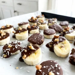 - Ripe bananas - Dark chocolate chips - Coconut oil - Chopped nuts (almonds, walnuts, or hazelnuts) - Shredded coconut (unsweetened) - Sea salt Chocolate-covered banana bites are fun to pair with many treats. Here are some ideas: - Serve with a scoop of vanilla ice cream for a creamy contrast. - Enjoy alongside a cup of hot cocoa to warm up your day. - Pair with fresh berries for a burst of flavor and color. - Add a side of yogurt for a tasty dip. These combinations will make your treats even more enjoyable. Each bite can be a new experience! {{ingredient_image_1}} To start, peel the ripe bananas. Cut them into 1-inch thick slices. This size helps them freeze well and makes them easy to dip. Place the slices on a parchment-lined baking sheet. Freeze them for about 30 minutes. You want them firm but not rock hard. This step also makes them easier to coat later. While the bananas freeze, it’s time to melt the chocolate. Take a microwave-safe bowl and add 1 cup of dark chocolate chips and 2 tablespoons of coconut oil. The coconut oil helps the chocolate stay smooth. Microwave this mixture in 30-second intervals. Stir in between each interval. Keep going until the chocolate is fully melted and smooth. This is key for a nice finish. Once the banana slices are firm, remove them from the freezer. Dip each slice into the melted chocolate. Use a fork to help coat them evenly. Let the excess chocolate drip off. Place the slices back on the parchment-lined baking sheet. While the chocolate is still wet, sprinkle your choice of chopped nuts, shredded coconut, and a pinch of sea salt on each slice. This adds crunch and flavor. After topping, return the baking sheet to the freezer for another 15-20 minutes. This will help the chocolate harden perfectly. Enjoy your delicious treats! To avoid chocolate clumps, make sure your chocolate is smooth. Microwaving it in short bursts helps. Stir after each interval. This gives even melting. For dipping, a fork works best. It helps you coat the bananas well and remove excess chocolate. Different chocolates change the taste and feel. Dark chocolate is rich and bold. Milk chocolate is sweet and creamy. White chocolate is sweet but lacks depth. You can also mix them for fun flavors. For toppings, try nuts or coconut. Each adds a crunchy feel and a burst of flavor. Storing in the fridge makes the bites soft. They lose that nice crunch. In the freezer, they stay firm and tasty. To store leftovers, use an airtight container. This keeps them fresh longer. Enjoy your treats cold for the best experience. Pro Tips Use ripe bananas: The riper the bananas, the sweeter and more flavorful your bites will be. Look for bananas with plenty of brown spots for the best taste. Experiment with toppings: Feel free to get creative with your toppings! Try adding mini chocolate chips, crushed pretzels, or even a drizzle of peanut butter for added flavor. Storage tips: For maximum freshness, store the bites in an airtight container in the freezer. They can last for several weeks, making them a great make-ahead snack! Chocolate melting technique: When melting chocolate, do it slowly and in short intervals. This prevents the chocolate from burning and ensures a smooth coating for your bites. {{image_2}} You can make chocolate-covered banana bites even more fun with flavors. Try using flavored chocolate, like mint or orange. These add a unique twist to the sweet bananas. You can also mix in spices. A dash of cinnamon or a hint of chili powder can spice things up. These combinations create exciting new tastes. Bananas are great, but you can use other fruits too. Strawberries, apples, and pineapple work well with chocolate. Each fruit needs slight changes in the recipe. For strawberries, just dip and coat without freezing. For apples, slice them thin to dip easily. The key is to keep the fruit fresh and firm. Want a healthier treat? You can make low-sugar banana bites. Use sugar-free chocolate to cut down on sugar. This way, you enjoy the sweet taste without guilt. If you prefer a vegan option, swap the chocolate chips for dairy-free ones. You can also use nut butter instead of chocolate for a creamy twist. These choices keep the treats delicious and healthy. To keep chocolate-covered banana bites fresh, store them in an airtight container. A good option is a glass container with a tight lid. You can also use a resealable plastic bag. Make sure to layer parchment paper between bites to avoid sticking. This helps keep them intact and easy to grab. For the best taste, freeze your banana bites right after making them. Place the container in the freezer. They can last up to three months frozen. When you want to eat them, take out as many as you need. Let them sit at room temperature for about 5 to 10 minutes. This helps them soften for the perfect bite. Chocolate-covered banana bites stay good for about a week if stored in the fridge. If they are frozen, they can last for three months. Look for signs of freezer burn, such as white spots. If you see them, it’s time to toss the bites. Also, if the chocolate appears dull or the bananas turn brown, they are no longer fresh. Yes, you can use milk chocolate. Milk chocolate is sweeter and creamier than dark chocolate. It gives a different flavor. Dark chocolate has more cocoa and is less sweet. It also has health benefits, like more antioxidants. Choose what you like best, but know this: dark chocolate will give a richer taste. To stop bananas from browning, use lemon juice. Just a little will work wonders. Coat the banana slices lightly. You can also freeze them right away. The cold slows down the browning process. Keeping them cold helps keep their color fresh and bright. Yes, you can skip the coconut oil. It helps the chocolate melt smoothly and gives a nice shine. If you omit it, you can use butter or any neutral oil. However, the texture may change a bit. You might not get the same smooth finish without coconut oil. You can easily make delicious chocolate-covered banana bites. By using ripe bananas, dark chocolate chips, and coconut oil, you create a sweet treat. Explore tasty toppings, like chopped nuts and shredded coconut, to add even more flavor. Follow our simple steps to slice, melt, and coat your bananas perfectly. In the end, these bites can be a fun snack or dessert. With variations and storage tips, you can enjoy them anytime. Get creative and make this recipe your own!