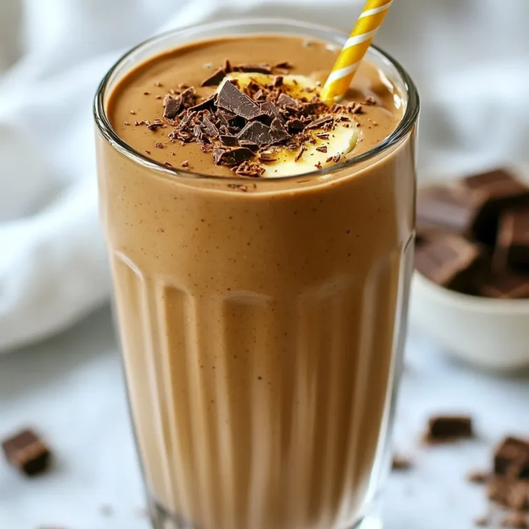 To make a tasty Peanut Butter Chocolate Protein Smoothie, you need simple ingredients. Each one plays a key role in flavor and nutrition. Here’s what you will need: - 1 ripe banana, frozen - 2 tablespoons natural peanut butter - 1 scoop chocolate protein powder (vegan or whey) - 1 cup unsweetened almond milk (or any milk of your choice) - 1 tablespoon chia seeds (optional for added fiber) - 1 teaspoon pure vanilla extract - A pinch of sea salt - 2 ice cubes (optional for extra thickness) Using ripe bananas adds natural sweetness and creaminess. Frozen bananas keep your smoothie cold and thick. Natural peanut butter gives rich flavor and healthy fats. Chocolate protein powder boosts the protein content while adding a delicious taste. Unsweetened almond milk or your favorite milk keeps the smoothie smooth. Chia seeds add fiber and nutrients but are optional. The vanilla extract enhances the flavor, while sea salt balances sweetness. Finally, ice cubes can make your smoothie thicker and colder if you like. Gather these ingredients to create a smoothie that fuels your day. {{ingredient_image_1}} Start by getting your blender ready. Take the frozen banana and break it into pieces. Add 2 tablespoons of natural peanut butter. Next, pour in 1 scoop of chocolate protein powder. Then, add 1 cup of unsweetened almond milk or any milk you like. If you want extra fiber, toss in 1 tablespoon of chia seeds. Finally, add 1 teaspoon of pure vanilla extract and a pinch of sea salt. Now, secure the lid on your blender. Blend on high speed until the mixture is smooth and creamy. Make sure there are no lumps from the banana. If you need help, stop the blender and scrape down the sides. This ensures everything mixes well. If you want your smoothie thicker, add 2 ice cubes. Blend again until the ice is crushed and mixed in well. This makes your smoothie cold and refreshing. Taste your smoothie. If you want it sweeter, add a drizzle of honey or maple syrup. Blend once more to mix in the sweetness. Grab a tall glass or a mason jar. Pour the smoothie carefully to avoid spills. For a fun touch, sprinkle some cocoa powder or chocolate shavings on top. Serve it with a straw for easy sipping. Enjoy your delicious Peanut Butter Chocolate Protein Smoothie! Alternative Nut Butters You can swap peanut butter for almond or cashew butter. Each nut butter brings its own taste. Almond butter adds a light flavor. Cashew butter is creamy and sweet. These swaps keep your smoothie tasty and fun. Protein Powder Variations If you want to change the protein powder, try vanilla or unflavored options. Each choice changes the taste, while still packing in protein. Some brands also offer plant-based powders, perfect for vegans. Look for options with no added sugars for a healthier choice. Adding Other Ingredients You can boost flavor and nutrition by adding spinach or cacao powder. Spinach hides well in smoothies, giving you extra vitamins. Cacao powder adds a rich chocolate taste without extra sugar. Try adding a tablespoon of oats for more texture and fiber, too. Garnishing Ideas Garnish your smoothie with cocoa powder or chocolate shavings. This makes it look fancy. You can also add sliced bananas or a sprinkle of nuts on top. These little touches make your smoothie more inviting. Health Benefits of Peanut Butter Peanut butter is full of healthy fats and protein. It helps keep you full and satisfied. It also has vitamins and minerals that support your body. Just remember to use it in moderation since it is calorie-dense. Effects of Protein in Smoothies Protein in smoothies helps build muscles and keeps you energized. It can also help with weight management by making you feel full longer. Adding protein powder gives your smoothie a nice boost. This makes it a great snack or meal replacement. Pro Tips Use Ripe Bananas: The riper the banana, the sweeter and creamier your smoothie will be. Frozen bananas enhance the texture and chill the drink perfectly. Choose Your Protein: Opt for a protein powder that matches your dietary preferences, whether vegan or whey-based. This affects the flavor and texture of your smoothie. Customize the Milk: Feel free to substitute almond milk with any other milk of your choice, such as oat, soy, or even coconut milk, to add different flavors. Enhance with Extras: Consider adding a scoop of spinach or a handful of berries for extra nutrients without altering the delicious chocolate-peanut butter flavor. {{image_2}} To make this smoothie vegan, simply swap out the regular protein powder for a plant-based option. Look for brands that use pea protein or brown rice protein. You can also choose almond milk or any nut milk to keep it dairy-free. The rest of the ingredients stay the same, making it easy to enjoy a creamy smoothie. To turn this smoothie into a bowl, use less almond milk. Start with half a cup instead of a full cup. This will create a thicker base that you can enjoy with a spoon. Pour the mixture into a bowl, then add toppings like sliced bananas, granola, or cocoa nibs for extra crunch and flavor. It makes a fun breakfast or snack option. If you need a nut-free smoothie, try sunflower seed butter instead of peanut butter. It has a similar creamy texture and taste. You can also use pumpkin seed butter for a different twist. Just ensure any other ingredients you use are also nut-free, especially the milk. This way, you can enjoy a delicious smoothie without worry. You can prep your ingredients in advance. Here’s how: - Peel and slice your ripe banana. - Freeze the slices in a single layer. - Measure out the peanut butter and protein powder. - Keep these in sealed containers in the fridge. - Have your almond milk and chia seeds ready too. This way, you save time when you want your smoothie. Just blend and enjoy! If you have leftover smoothie, store it right. - Pour any extra smoothie into a mason jar. - Seal it tightly and place it in the fridge. - Use it within 24 hours for the best taste. Before drinking, shake well. The texture may change, but it’ll still be good! Can you refreeze smoothies? Yes, but with care. - If you freeze your smoothie again, it might lose some taste. - Store it in a freezer-safe jar. - Use it within a month for the best flavor. When you are ready, let it thaw in the fridge overnight. Blend again if needed before drinking. A Peanut Butter Chocolate Protein Smoothie can last up to 24 hours in the fridge. Store it in an airtight container. After that, it may lose its creaminess and flavor. If you want to keep it longer, freeze it. In the freezer, it can last for up to one month. Just remember to thaw it in the fridge before you drink it. Yes, you can make this smoothie without protein powder. You can use Greek yogurt or silken tofu instead. Both add creaminess and protein. You can also skip it entirely. The smoothie will still taste great. Just be aware that it will have less protein. To make your smoothie more filling, consider adding: - Oats: They add fiber and texture. - Spinach: It boosts nutrients without changing the taste. - Flax seeds: They add omega-3 fatty acids. - Additional nut butter: This adds healthy fats and protein. - Avocado: It makes the smoothie creamy and rich. Feel free to mix and match these ingredients to suit your taste! This blog post covered how to make a delicious Peanut Butter Chocolate Protein Smoothie. You learned about key ingredients and step-by-step blending tips. Adjusting consistency and serving techniques helped enhance your drink. We explored substitutes and add-ins to boost flavor and nutrition. Finally, we discussed storage practices for leftovers and meal prep. Smoothies are tasty, easy, and packed with nutrients. Try different variations and enjoy all the benefits!