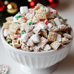 - 6 cups rice Chex cereal - 1 cup creamy peanut butter - 1 cup semi-sweet chocolate chips - ½ cup unsalted butter - 1 teaspoon vanilla extract - 2 cups powdered sugar - 1 cup holiday sprinkles (red and green) - 1 cup mini marshmallows Gathering the right ingredients is key for this festive treat. I love using rice Chex cereal. It gives the best texture and crunch. Creamy peanut butter blends perfectly with chocolate. Semi-sweet chocolate chips add a rich flavor. Unsalted butter will help create a smooth mixture. Vanilla extract gives a nice touch of warmth. You can't forget the powdered sugar, which adds sweetness and a snowy look. Holiday sprinkles bring fun colors, while mini marshmallows add a soft bite. These ingredients come together for a sweet and festive snack that everyone loves. {{ingredient_image_1}} - First, combine 1 cup of semi-sweet chocolate chips and ½ cup of unsalted butter in a large microwave-safe bowl. - Microwave the mixture in 30-second intervals. Stir after each interval until it becomes smooth. - Next, stir in 1 cup of creamy peanut butter and 1 teaspoon of vanilla extract into the melted chocolate mixture. - Gently fold in 6 cups of rice Chex cereal until every piece is coated with the chocolate-peanut butter mix. - Now, take a large resealable plastic bag and add 2 cups of powdered sugar. - Carefully transfer the coated Chex mixture into the bag, seal it tightly, and shake well until all the cereal is covered in powdered sugar. - Pour the mixture back into a large bowl. Fold in 1 cup of mini marshmallows and 1 cup of holiday sprinkles for a cheerful look. - Spread the puppy chow onto a baking sheet lined with parchment paper to cool for about 15-20 minutes. To avoid clumping of cereal, make sure to fold gently. You want every piece of Chex coated but not crushed. If you mix too hard, the cereal can break apart. For a smooth chocolate mixture, melt the chocolate and butter together slowly. Stir every 30 seconds in the microwave until it is creamy and lump-free. Adding peanut butter and vanilla while the mix is warm helps it blend better. Serve the Festive Holiday Puppy Chow in decorative bowls. Choose bright, cheerful colors to match the holiday spirit. You can also use clear treat bags for gifts. Tie them with colorful ribbons for a fun touch. To add some flair, sprinkle extra holiday sprinkles on top before serving. This makes it look even more festive! Want to change the flavor? You can swap peanut butter for sunbutter if someone has a nut allergy. For a different taste, try using almond butter or cashew butter. You can also add a pinch of sea salt to enhance the sweetness. Experiment with flavor to make this treat perfect for everyone! Pro Tips Use High-Quality Chocolate: Opt for high-quality semi-sweet chocolate chips for a richer flavor and smoother texture in your puppy chow. Let it Cool Completely: Allow the puppy chow to cool fully on the baking sheet to ensure it sets properly and doesn't clump together. Customize Your Sprinkles: Feel free to use a variety of holiday-themed sprinkles to add color and fun to your puppy chow. Perfect Gift Idea: Package your puppy chow in festive treat bags or jars for a delightful homemade gift during the holiday season. {{image_2}} You can mix it up with different cereals. Instead of rice Chex, try corn Chex. Corn Chex gives a nice crunch and a slightly different taste. You could also use wheat Chex for a heartier bite. If you want something sweet, fruity pebbles work great too. Each cereal adds its own twist to the flavor. It’s fun to experiment! Add more festive cheer with holiday-themed ingredients. For a minty touch, crush some peppermint candies and mix them in. You can also use holiday M&M's for pops of color. Dried cranberries or chopped nuts add texture and flavor. Try adding some cinnamon for a warm spice. These additions make the puppy chow even more special for the season. Boost the flavor with some tasty mix-ins. Drizzle caramel sauce over the puppy chow for a sweet twist. You can also add a dash of sea salt for a salty-sweet combo. For chocolate lovers, consider using white chocolate chips or even butterscotch chips. Each mix-in can change the taste and make it more fun to eat! To keep your Festive Holiday Puppy Chow fresh, store it in an airtight container. This helps keep out air and moisture. I suggest placing a layer of parchment paper between layers if you stack it. This avoids sticking and keeps it nice and crunchy. Your Puppy Chow will stay fresh at room temperature for about one week. It’s best to keep it in a cool, dry place. If you find it starts to lose its crunch, it means it’s time to eat it up! You can freeze Puppy Chow for longer storage. Place it in a freezer-safe bag or container. Make sure to remove as much air as possible before sealing. When you're ready to eat it, simply take it out and let it thaw at room temperature. It will taste just as good! It takes about 10 minutes to prep. The total time is around 35 minutes. This includes mixing, coating, and cooling the puppy chow. It is a quick treat for busy holiday times. You can whip it up easily for guests or family gatherings. Yes, you can make this recipe ahead of time. Store it in an airtight container. Keep it in a cool, dry place. It will stay fresh for up to one week. You can also make treat bags for easy sharing. Just add ribbons for a festive look! If you need a substitute for peanut butter, try almond butter. Sunflower seed butter is a great option, too. These alternatives keep a rich flavor and creamy texture. You can also use cashew butter for a different taste. This blog post shared a fun recipe for Festive Holiday Puppy Chow. The ingredients mix cereal, chocolate, and sprinkles. We walked through each step, from melting chocolate to adding marshmallows. Tips ensured you get the best texture and presentation. You can customize flavors and store them easily. In conclusion, this treat is simple, festive, and perfect for sharing. You can make it your own with different cereals and flavors. Try it for your next holiday event!