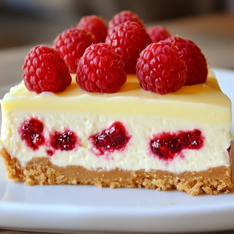 - 1 ½ cups graham cracker crumbs - ½ cup unsalted butter, melted - 2 cups cream cheese, softened - 1 cup white chocolate chips, melted - ¾ cup granulated sugar - 3 large eggs - 1 teaspoon vanilla extract - 1 cup fresh raspberries (plus extra for garnishing) - ½ cup sour cream - 1 tablespoon cornstarch For this White Chocolate Raspberry Cheesecake, I love using simple, fresh ingredients. The graham cracker crumbs give a crunchy base. The melted unsalted butter binds them, making the crust rich. Cream cheese is the heart of this cheesecake. Its smooth texture makes each slice creamy and delightful. I add white chocolate chips to create a sweet, luxurious flavor. The granulated sugar balances the richness of the cheese and chocolate. Eggs help the cheesecake set, while vanilla extract adds a warm note that enhances the flavor. Don't forget the fresh raspberries! They add a burst of tartness. Sour cream makes the cheesecake creamy and adds a slight tang. Lastly, cornstarch helps to stabilize the batter, ensuring it sets perfectly. When you gather these ingredients, you set the stage for a truly indulgent dessert. {{ingredient_image_1}} - First, preheat your oven to 325°F (163°C). - In a medium bowl, combine 1 ½ cups of graham cracker crumbs and ½ cup of melted unsalted butter. Mix until the crumbs are well coated. - Press this mixture firmly into the bottom of a 9-inch springform pan. This forms your crust. - Bake the crust for 10 minutes, then set aside to cool. - In a large bowl, beat 2 cups of softened cream cheese with ¾ cup of granulated sugar. Mix until it is smooth and fluffy. - Next, add 1 cup of melted white chocolate (make sure it is not too hot), 3 large eggs, and 1 teaspoon of vanilla extract. Beat this mixture until everything is well combined. - Gently fold in 1 cup of fresh raspberries to keep them whole. Then mix in ½ cup of sour cream and 1 tablespoon of cornstarch until it is all well mixed. - Pour the cheesecake batter over your cooled crust in the springform pan. Smooth the top with a spatula. - Bake in the preheated oven for 50-60 minutes. The center should be set but still a bit jiggly. - Once done, turn off the oven and crack the door slightly. Let the cheesecake cool in the oven for about an hour. - After cooling, refrigerate the cheesecake for at least 4 hours or overnight to let it set fully. To make a great cheesecake, use room temperature ingredients. This helps them mix well. Cold cream cheese can create lumps. So, let it sit out before mixing. Mix gently to avoid too much air. Overmixing can make your cheesecake crack. You want it smooth but not fluffy. Cooling is key. After baking, turn off the oven and crack the door. Let the cheesecake cool slowly. This helps keep it creamy and smooth. Fresh raspberries make a lovely garnish. They add color and taste great. You can place them on top or around the cheesecake. Drizzling melted white chocolate on top adds flair. It also boosts the sweet flavor. Consider other toppings too. Whipped cream can add a light touch. You might also pair it with a scoop of vanilla ice cream. Each addition can enhance your cheesecake experience. Pro Tips Use Room Temperature Ingredients: Ensure that your cream cheese and eggs are at room temperature before starting. This helps create a smooth and creamy cheesecake without lumps. Don’t Overmix: When adding the eggs and folding in the raspberries, mix just until combined. Overmixing can introduce too much air, leading to cracks in the cheesecake. Cooling Method: Letting the cheesecake cool slowly in the oven helps prevent cracks. The gradual temperature change reduces the risk of the cheesecake collapsing. Garnishing Tips: For an elegant touch, use whole fresh raspberries and a drizzle of melted white chocolate to garnish your cheesecake before serving. {{image_2}} You can change the chocolate in this recipe for fun flavors. First, you can use dark chocolate instead of white chocolate. Dark chocolate brings a rich and bold taste. Just melt it like you would with white chocolate. This change makes the cheesecake more intense and pairs nicely with the raspberries. Another option is to make a vanilla bean cheesecake. Replace the white chocolate with vanilla bean paste. This swap creates a soft and creamy flavor. It highlights the raspberries without being too sweet. You can mix in some vanilla seeds for extra flair. While raspberries shine in this cheesecake, you can try other berries too. Strawberries, blueberries, or blackberries can add new tastes. Just swap them in equal amounts. Mix them gently into the batter to keep their shape. You could also use a fruit puree swirl. Blend your choice of berries with a bit of sugar. Swirl this puree through the cheesecake batter before baking. This adds a beautiful look and a burst of flavor. The swirls will look stunning when you slice the cheesecake. Storing your white chocolate raspberry cheesecake correctly keeps it fresh and tasty. Always refrigerate leftovers. Use an airtight container to cover the cheesecake. This prevents it from absorbing other smells in the fridge. The cheesecake stays good for about 5 days. If you want to keep it longer, you can freeze the cheesecake. Slice it into pieces and wrap each slice tight in plastic wrap. Then, place them in a freezer-safe bag. This way, it keeps well for up to 3 months. Just remember to label the bag with the date! When you're ready to enjoy your frozen cheesecake, take it out of the freezer. Let it sit in the fridge overnight to defrost. You can also leave it at room temperature for about 2 hours. This makes it soft and easy to eat. If you have extra cheesecake, think about fun ways to use it. You can crumble the cheesecake over ice cream for a special treat. Another idea is to blend it into a milkshake for a rich dessert drink. These ideas help you enjoy your cheesecake in new ways! Yes, you can use frozen raspberries. They work well in the cheesecake. Just make sure to thaw and drain them before mixing. This helps avoid extra liquid in your batter. The cheesecake is done when the edges are set, but the center is slightly jiggly. It will firm up as it cools. A good test is to gently shake the pan. If it wobbles a little, it’s just right. You can use Greek yogurt as a substitute for sour cream. It adds creaminess and a slight tang. Cream cheese is another option if you want a richer flavor. Yes, you can make it gluten-free. Use gluten-free graham cracker crumbs for the crust. Always check labels to ensure your ingredients are gluten-free. The cheesecake lasts about 5 to 7 days in the fridge. Make sure to cover it well to keep it fresh. If you want to keep it longer, you can freeze it for up to 2 months. This cheesecake recipe blends tangy cream cheese with sweet raspberries. You learned about ingredients and step-by-step instructions to create a delicious dessert. Tips helped ensure the perfect texture, while variations let you explore new flavors. Always store leftovers properly to enjoy later. Follow these easy steps for a tasty treat that impresses every time. Trust the process and enjoy making this cheesecake for friends and family!