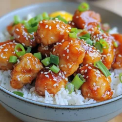 To make Honey Garlic Sesame Chicken, gather these key items: - 1 lb boneless chicken thighs, cut into bite-sized pieces - 4 tablespoons honey - 3 tablespoons soy sauce - 3 cloves garlic, minced - 1 tablespoon fresh ginger, grated - 2 tablespoons sesame oil - 1 tablespoon vegetable oil - 1 tablespoon rice vinegar - 1 tablespoon cornstarch - 2 tablespoons sesame seeds These ingredients create a sweet and savory flavor that makes this dish shine. You can add a few extras to make your meal pop: - 3 green onions, sliced (for garnish) - Cooked jasmine rice (for serving) Serve your chicken over jasmine rice. This will soak up the tasty sauce. Each serving gives you a balanced meal with: - Calories: About 350 - Protein: 22g - Carbohydrates: 30g - Fat: 15g This dish is rich in flavor and provides energy. Enjoy your cooking adventure! {{ingredient_image_1}} To start, you need to marinate the chicken. Grab a medium bowl. Mix together 4 tablespoons of honey, 3 tablespoons of soy sauce, 3 minced garlic cloves, and 1 tablespoon of grated ginger. Add 2 tablespoons of sesame oil and 1 tablespoon of rice vinegar. Stir it well. Now, add 1 pound of bite-sized chicken thighs to the bowl. Coat each piece well in the marinade. Let the chicken sit for 20 minutes. This helps the chicken soak up all the flavors. While the chicken marinates, prepare the coating. Take a separate bowl and mix 1 tablespoon of cornstarch with a pinch of salt. After 20 minutes, take the marinated chicken and toss it in the cornstarch mix. Make sure the pieces are evenly coated. This will help create a nice crispy texture when cooking. Next, heat 1 tablespoon of vegetable oil in a large skillet over medium-high heat. Once it’s hot, place the chicken pieces in a single layer. Cook them for about 5-6 minutes. You want them golden brown and fully cooked. If your skillet is small, cook in batches. Once the chicken is ready, pour the leftover marinade into the skillet. Stir well and let it simmer for 2-3 minutes. This thickens the sauce nicely. Finally, sprinkle 2 tablespoons of sesame seeds over the chicken. Toss them to coat evenly. Cook for one more minute until you smell that lovely fragrance. Remove the skillet from heat. Serve the Honey Garlic Sesame Chicken hot over jasmine rice. Don’t forget to garnish with sliced green onions for a burst of color and flavor. Enjoy your meal! To make a great marinade, mix honey, soy sauce, garlic, ginger, sesame oil, and rice vinegar well. The honey adds sweetness, while the soy sauce gives a salty kick. Let the chicken pieces soak in this mix for at least 20 minutes. This time helps the flavors soak in. For best results, consider marinating overnight. You can store it in the fridge. For crispy chicken, coat each piece well in the cornstarch mix. This helps create a nice crunch. Heat your skillet or wok with vegetable oil until hot. Avoid putting too many pieces in at once. This keeps the chicken from steaming, which can make it soggy. Cook in batches if needed. Each piece should be golden brown and cooked all the way. Serve your Honey Garlic Sesame Chicken hot over a bed of jasmine rice. This rice soaks up the sauce well. Garnish with sliced green onions for a fresh touch. You can also sprinkle extra sesame seeds on top for a crunchy finish. Enjoy this dish with steamed vegetables for a complete meal. Pro Tips Marinate Longer for Flavor: For even richer flavor, consider marinating the chicken for at least 1 hour or overnight in the refrigerator. Adjust Sweetness: Feel free to adjust the amount of honey based on your personal preference for sweetness in the dish. Use Fresh Ingredients: Using fresh garlic and ginger will enhance the overall taste of the marinade and the final dish. Garnish Variations: Experiment with different garnishes like toasted nuts or fresh herbs to add extra texture and flavor. {{image_2}} You can add colorful vegetables to your honey garlic chicken. Broccoli, bell peppers, and snap peas work well. Just chop them into bite-sized pieces. Stir-fry them in the skillet before adding the chicken. This way, you get more nutrients and a pop of color. The veggies soak up the sauce, adding extra flavor. If you like heat, add Sriracha to the marinade. Start with one teaspoon and adjust to your taste. This spicy version gives your dish a nice kick. Just remember, a little goes a long way. Mix it in with the honey, soy sauce, and garlic. Your honey garlic sesame chicken will be both sweet and spicy! For a plant-based option, try tofu instead of chicken. Use firm tofu and press it to remove extra water. Cut it into cubes and marinate just like the chicken. Fry the tofu until golden brown and crispy. This option is great for vegans or those looking to cut back on meat. The honey garlic sauce will still shine through! To store leftovers, let the chicken cool first. Place it in an airtight container. You can keep it in the fridge for up to three days. This keeps the chicken fresh and tasty. Make sure to store it with any extra sauce. This adds flavor when you reheat it. When you are ready to eat, reheat the chicken. You can use a microwave or a skillet. If using a microwave, place it on a plate and cover it. Heat for about 1-2 minutes. Stir halfway to heat evenly. If using a skillet, warm it over medium heat. Add a splash of water to keep it moist. Cook for 5-7 minutes, stirring often. You can freeze Honey Garlic Sesame Chicken too. Place the cooled chicken in a freezer bag. Remove as much air as possible before sealing. This helps prevent freezer burn. You can freeze it for up to three months. When you want to eat it, thaw it in the fridge overnight. Then, reheat it as mentioned above. This keeps the flavors intact and delicious. Yes, you can use chicken breast or even chicken tenders. Both will work well. Chicken thighs give more flavor, but feel free to swap. To make this dish gluten-free, replace soy sauce with tamari. Tamari has a similar taste. Ensure all other ingredients are gluten-free as well. This dish goes great with jasmine rice. You can also serve it with steamed broccoli or a simple salad. Both add freshness to the meal. Let the chicken marinate for at least 20 minutes. This helps the flavors soak in. For a stronger taste, you can marinate it for up to 2 hours. Yes, you can prepare the marinade and cut the chicken ahead of time. Just store them in the fridge. You can also cook the chicken and reheat it later. Honey Garlic Sesame Chicken is simple and tasty. We covered key ingredients, important steps, and helpful tips to make this dish shine. You can even try fun variations, like adding veggies or tofu. Plus, we discussed how to store leftovers and answered common questions. This meal can fit into your busy week. Now you can impress family and friends with easy cooking! Enjoy making this delicious dish again and again.