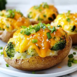 - 4 medium russet potatoes - 2 cups steamed broccoli florets - 1 cup shredded sharp cheddar cheese - ½ cup softened cream cheese - ½ cup sour cream - 2 tablespoons butter - 1 teaspoon garlic powder - ½ teaspoon onion powder - Salt and pepper to taste - ¼ cup chopped green onions for garnish To make cheesy broccoli stuffed potatoes, you need simple, fresh ingredients. Russet potatoes are the best choice. They have a fluffy texture that works great for stuffing. Steamed broccoli adds color and nutrition. Sharp cheddar cheese gives a bold flavor that melts perfectly. Cream cheese and sour cream create a smooth and creamy filling. Butter adds richness while garlic and onion powders enhance taste. You can adjust salt and pepper to fit your liking. Finally, green onions make a fresh garnish. Gather these items before starting. This will make the cooking process smooth and fun! {{ingredient_image_1}} 1. Preheating the oven: Start by preheating your oven to 400°F (200°C). This heat helps the potatoes cook evenly. 2. Cleaning and pricking the potatoes: Take 4 medium russet potatoes and scrub them under running water. This gets rid of dirt. Prick each potato a few times with a fork. This allows steam to escape as they bake. 3. Baking time and method: Place the cleaned potatoes directly on the oven rack. Bake for about 45-50 minutes. They are done when a fork pierces them easily. 1. Steaming the broccoli florets: While the potatoes bake, take 2 cups of broccoli florets. Steam them for about 5-7 minutes. They should turn bright green and become tender. 2. Mixing the filling ingredients: Once the broccoli is ready, chop it into small pieces. In a mixing bowl, combine the steamed broccoli, 1 cup of shredded sharp cheddar cheese, ½ cup of softened cream cheese, ½ cup of sour cream, 2 tablespoons of butter, 1 teaspoon of garlic powder, ½ teaspoon of onion powder, and salt and pepper to taste. Mix until everything is well combined. 1. Scooping out the potato flesh: After the potatoes cool for a few minutes, slice each one in half lengthwise. Use a fork or spoon to scoop out some potato flesh. Leave a little for structure. Add the scooped potato to the bowl with the broccoli mixture. 2. Filling and returning to the oven: Mix the scooped potato into the filling until well combined. Stuff each potato half with the mixture, mounding it nicely on top. Return the stuffed potatoes to the oven. Bake for an additional 15-20 minutes until golden and bubbling. Enjoy your cheesy broccoli stuffed potatoes! When you choose potatoes, pick medium russet ones. They have a nice balance of starch and moisture. This helps create a fluffy inside. To bake them perfectly, wash and scrub each potato well. Prick them a few times with a fork. This lets steam escape during baking. Place the potatoes directly on the oven rack at 400°F (200°C). Bake for 45 to 50 minutes. They should feel soft when you poke them with a fork. To make the filling even better, think about adding some extras. Chopped cooked bacon or diced ham can add a nice touch. You can also swap sharp cheddar for pepper jack for a spicy kick. If you want a creamier filling, mix in a bit more cream cheese or sour cream. This adds smoothness and richness. Make sure to blend these ingredients well, so every bite is tasty. Stuffed potatoes pair well with simple side dishes. A fresh salad or steamed green beans can balance the meal. For a fun presentation, sprinkle some chopped green onions on top before serving. This adds color and a bit of crunch. You can also serve them with a dollop of sour cream or a side of salsa for added flavor. Pro Tips Choose the Right Potatoes: Opt for medium russet potatoes as they have the perfect texture for baking and are easy to scoop out. Enhance the Flavor: Experiment with adding spices like smoked paprika or cayenne pepper to the cheese mixture for an extra kick. Make Ahead: You can prepare the filling a day in advance and store it in the refrigerator. Just stuff the potatoes and bake when ready to serve. Perfectly Steamed Broccoli: Ensure you don’t overcook the broccoli; it should be bright green and tender to preserve flavor and nutrients. {{image_2}} You can easily make this dish more veggie-friendly. To replace cheese and cream, try using plant-based options. Nutritional yeast is a great cheese substitute. You can also use cashew cream instead of regular cream. For veggies, consider adding spinach, bell peppers, or carrots. Each of these adds unique flavors and colors to the dish. Want to add some protein? You can mix in cooked bacon or shredded chicken. Both add flavor and make the dish heartier. If you choose meat, balance the flavors. Use cheese and spices to keep everything tasty. Bacon gives a smoky taste, while chicken adds a mild flavor. For those on a gluten-free diet, choose gluten-free potatoes and check all labels. You can also adapt this dish for vegans. Use vegan cheese and dairy-free cream. This way, you can enjoy cheesy broccoli stuffed potatoes without animal products. To keep your cheesy broccoli stuffed potatoes fresh, place them in an airtight container. This helps prevent them from drying out. Store them in the fridge. They will stay good for about 3 to 5 days. If you want to enjoy them later, freezing is a great option. When reheating, you want to keep the potatoes soft and cheesy. The oven is best for this. Preheat it to 350°F (175°C). Place the stuffed potatoes on a baking sheet. Heat for about 15 to 20 minutes. This method keeps the texture nice. If you use a microwave, cover the potatoes with a damp paper towel. Heat them for 1 to 2 minutes, checking if they are warm enough. To freeze your stuffed potatoes, let them cool completely first. Wrap each one in plastic wrap, then place them in a freezer bag. Squeeze out any air to prevent freezer burn. They can last for about 2 to 3 months. When you want to eat them, take them out and thaw in the fridge overnight. Reheat them in the oven or microwave as mentioned earlier. Enjoy your tasty meal anytime! It takes about 1 hour and 10 minutes to cook stuffed potatoes. This includes 50 minutes for baking and an extra 20 minutes after stuffing. The key is to ensure the potatoes are tender and the filling is hot and bubbly. Yes, you can make them ahead of time. Prepare the stuffed potatoes, then cover and refrigerate them. When ready to eat, just bake them until hot and golden. This saves time on busy nights! You can use Greek yogurt as a substitute for sour cream. It gives a similar creamy texture and tangy flavor. Cream cheese can also work if you want a richer filling. These stuffed potatoes can be healthy! They are packed with broccoli, which is full of vitamins. The potatoes provide fiber, and you control the amount of cheese and cream. Adjusting these ingredients can make them lighter too. Yes, frozen broccoli works great in this recipe. Just thaw and drain it well before adding to the filling. Frozen broccoli is often just as nutritious as fresh and saves prep time. This blog post guides you through making cheesy broccoli stuffed potatoes. We covered ingredients, step-by-step instructions, tips for a great bake, and how to make tasty variations. Whether you prefer vegetarian options or want to include meat, this dish is flexible. Remember, storing leftovers properly ensures they last longer. With these insights, you can create a delightful meal that everyone will enjoy. Now, get cooking!