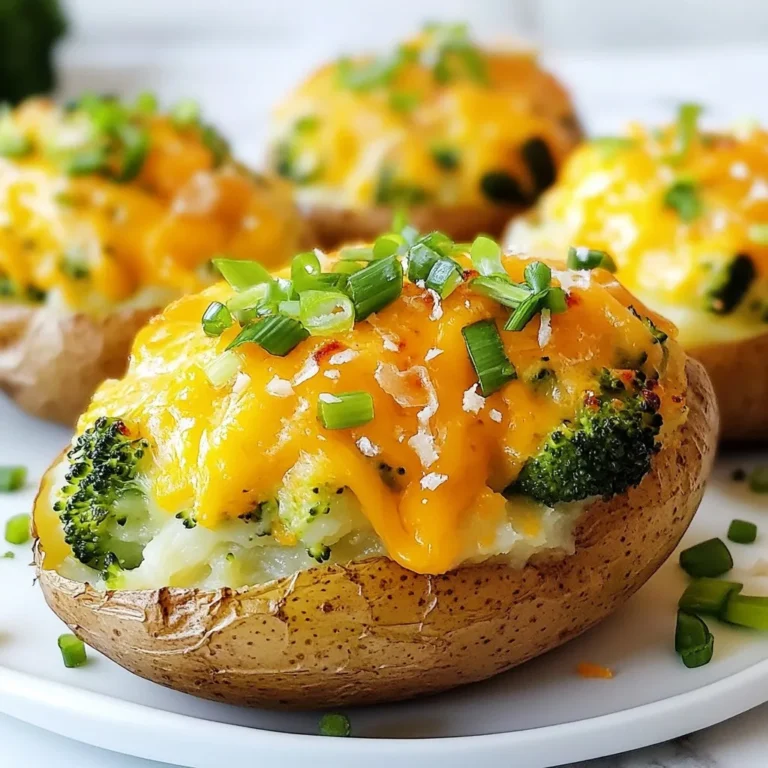 - 4 medium russet potatoes - 2 cups steamed broccoli florets - 1 cup shredded sharp cheddar cheese - ½ cup softened cream cheese - ½ cup sour cream - 2 tablespoons butter - 1 teaspoon garlic powder - ½ teaspoon onion powder - Salt and pepper to taste - ¼ cup chopped green onions for garnish To make cheesy broccoli stuffed potatoes, you need simple, fresh ingredients. Russet potatoes are the best choice. They have a fluffy texture that works great for stuffing. Steamed broccoli adds color and nutrition. Sharp cheddar cheese gives a bold flavor that melts perfectly. Cream cheese and sour cream create a smooth and creamy filling. Butter adds richness while garlic and onion powders enhance taste. You can adjust salt and pepper to fit your liking. Finally, green onions make a fresh garnish. Gather these items before starting. This will make the cooking process smooth and fun! {{ingredient_image_1}} 1. Preheating the oven: Start by preheating your oven to 400°F (200°C). This heat helps the potatoes cook evenly. 2. Cleaning and pricking the potatoes: Take 4 medium russet potatoes and scrub them under running water. This gets rid of dirt. Prick each potato a few times with a fork. This allows steam to escape as they bake. 3. Baking time and method: Place the cleaned potatoes directly on the oven rack. Bake for about 45-50 minutes. They are done when a fork pierces them easily. 1. Steaming the broccoli florets: While the potatoes bake, take 2 cups of broccoli florets. Steam them for about 5-7 minutes. They should turn bright green and become tender. 2. Mixing the filling ingredients: Once the broccoli is ready, chop it into small pieces. In a mixing bowl, combine the steamed broccoli, 1 cup of shredded sharp cheddar cheese, ½ cup of softened cream cheese, ½ cup of sour cream, 2 tablespoons of butter, 1 teaspoon of garlic powder, ½ teaspoon of onion powder, and salt and pepper to taste. Mix until everything is well combined. 1. Scooping out the potato flesh: After the potatoes cool for a few minutes, slice each one in half lengthwise. Use a fork or spoon to scoop out some potato flesh. Leave a little for structure. Add the scooped potato to the bowl with the broccoli mixture. 2. Filling and returning to the oven: Mix the scooped potato into the filling until well combined. Stuff each potato half with the mixture, mounding it nicely on top. Return the stuffed potatoes to the oven. Bake for an additional 15-20 minutes until golden and bubbling. Enjoy your cheesy broccoli stuffed potatoes! When you choose potatoes, pick medium russet ones. They have a nice balance of starch and moisture. This helps create a fluffy inside. To bake them perfectly, wash and scrub each potato well. Prick them a few times with a fork. This lets steam escape during baking. Place the potatoes directly on the oven rack at 400°F (200°C). Bake for 45 to 50 minutes. They should feel soft when you poke them with a fork. To make the filling even better, think about adding some extras. Chopped cooked bacon or diced ham can add a nice touch. You can also swap sharp cheddar for pepper jack for a spicy kick. If you want a creamier filling, mix in a bit more cream cheese or sour cream. This adds smoothness and richness. Make sure to blend these ingredients well, so every bite is tasty. Stuffed potatoes pair well with simple side dishes. A fresh salad or steamed green beans can balance the meal. For a fun presentation, sprinkle some chopped green onions on top before serving. This adds color and a bit of crunch. You can also serve them with a dollop of sour cream or a side of salsa for added flavor. Pro Tips Choose the Right Potatoes: Opt for medium russet potatoes as they have the perfect texture for baking and are easy to scoop out. Enhance the Flavor: Experiment with adding spices like smoked paprika or cayenne pepper to the cheese mixture for an extra kick. Make Ahead: You can prepare the filling a day in advance and store it in the refrigerator. Just stuff the potatoes and bake when ready to serve. Perfectly Steamed Broccoli: Ensure you don’t overcook the broccoli; it should be bright green and tender to preserve flavor and nutrients. {{image_2}} You can easily make this dish more veggie-friendly. To replace cheese and cream, try using plant-based options. Nutritional yeast is a great cheese substitute. You can also use cashew cream instead of regular cream. For veggies, consider adding spinach, bell peppers, or carrots. Each of these adds unique flavors and colors to the dish. Want to add some protein? You can mix in cooked bacon or shredded chicken. Both add flavor and make the dish heartier. If you choose meat, balance the flavors. Use cheese and spices to keep everything tasty. Bacon gives a smoky taste, while chicken adds a mild flavor. For those on a gluten-free diet, choose gluten-free potatoes and check all labels. You can also adapt this dish for vegans. Use vegan cheese and dairy-free cream. This way, you can enjoy cheesy broccoli stuffed potatoes without animal products. To keep your cheesy broccoli stuffed potatoes fresh, place them in an airtight container. This helps prevent them from drying out. Store them in the fridge. They will stay good for about 3 to 5 days. If you want to enjoy them later, freezing is a great option. When reheating, you want to keep the potatoes soft and cheesy. The oven is best for this. Preheat it to 350°F (175°C). Place the stuffed potatoes on a baking sheet. Heat for about 15 to 20 minutes. This method keeps the texture nice. If you use a microwave, cover the potatoes with a damp paper towel. Heat them for 1 to 2 minutes, checking if they are warm enough. To freeze your stuffed potatoes, let them cool completely first. Wrap each one in plastic wrap, then place them in a freezer bag. Squeeze out any air to prevent freezer burn. They can last for about 2 to 3 months. When you want to eat them, take them out and thaw in the fridge overnight. Reheat them in the oven or microwave as mentioned earlier. Enjoy your tasty meal anytime! It takes about 1 hour and 10 minutes to cook stuffed potatoes. This includes 50 minutes for baking and an extra 20 minutes after stuffing. The key is to ensure the potatoes are tender and the filling is hot and bubbly. Yes, you can make them ahead of time. Prepare the stuffed potatoes, then cover and refrigerate them. When ready to eat, just bake them until hot and golden. This saves time on busy nights! You can use Greek yogurt as a substitute for sour cream. It gives a similar creamy texture and tangy flavor. Cream cheese can also work if you want a richer filling. These stuffed potatoes can be healthy! They are packed with broccoli, which is full of vitamins. The potatoes provide fiber, and you control the amount of cheese and cream. Adjusting these ingredients can make them lighter too. Yes, frozen broccoli works great in this recipe. Just thaw and drain it well before adding to the filling. Frozen broccoli is often just as nutritious as fresh and saves prep time. This blog post guides you through making cheesy broccoli stuffed potatoes. We covered ingredients, step-by-step instructions, tips for a great bake, and how to make tasty variations. Whether you prefer vegetarian options or want to include meat, this dish is flexible. Remember, storing leftovers properly ensures they last longer. With these insights, you can create a delightful meal that everyone will enjoy. Now, get cooking!