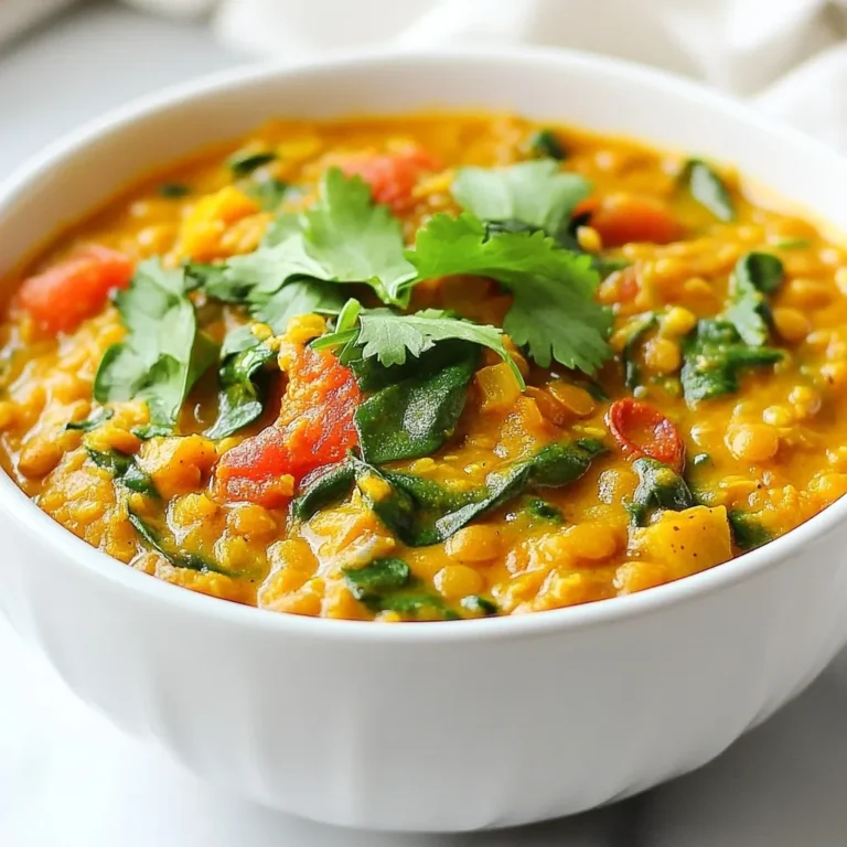 To make a tasty coconut lentil curry, gather these ingredients: - 1 cup red lentils, rinsed - 1 can (400ml) coconut milk - 1 tablespoon coconut oil - 1 onion, diced - 3 cloves garlic, minced - 1-inch piece of ginger, grated - 1 tablespoon curry powder - 1 teaspoon ground turmeric - 1 teaspoon cumin seeds - 1 can (400g) diced tomatoes - 2 cups vegetable broth - 1 cup spinach, roughly chopped - 1 tablespoon lime juice - Salt and pepper, to taste - Fresh cilantro, for garnish Measuring gives you the best results. Use a dry measuring cup for lentils. For liquids, use a liquid measuring cup. Always level off dry ingredients for accuracy. For spices, use measuring spoons. This keeps flavors consistent and your curry just right. Fresh ingredients bring bright flavors. Use fresh garlic, ginger, and spinach for the best taste. Canned tomatoes and coconut milk save time. If using fresh tomatoes, chop and add them with the same amount of water. Both fresh and canned options work well, so choose what you prefer! {{ingredient_image_1}} To start, grab a large pot and place it on medium heat. Add one tablespoon of coconut oil. Once the oil melts and shimmers, toss in the diced onion. Sauté it for about five minutes, stirring often. You want the onion to turn golden brown. Next, add three cloves of minced garlic and a one-inch piece of grated ginger. Cook this mix for another one to two minutes. The smell will be amazing! Now, it’s time to add flavor! Sprinkle in one tablespoon of curry powder, one teaspoon of ground turmeric, and one teaspoon of cumin seeds. Stir these spices for about one minute. This step helps bring out their rich flavors. You’ll notice the aroma filling the room. It’s a crucial part of making your curry shine. Next, add one cup of rinsed red lentils and one can of diced tomatoes, including their juices. Mix everything well. Pour in one can of coconut milk and two cups of vegetable broth. Bring this mixture to a gentle boil. Then, lower the heat and let it simmer uncovered for 20 to 25 minutes. Stir occasionally. You want the lentils to be tender and the curry to thicken. After cooking, stir in one cup of roughly chopped spinach. Cook for another two to three minutes until the spinach wilts. Finally, finish with one tablespoon of lime juice and season with salt and pepper to taste. Enjoy the bright, flavorful dish! To boost the taste of your Coconut Lentil Curry, try adding fresh herbs. Cilantro adds bright flavor. You can also add fresh lime zest for a citrus kick. For a deeper taste, consider using homemade vegetable broth instead of store-bought. It can make a big difference. If you want a smoky flavor, add smoked paprika. This will change the flavor in a fun way. For the best texture, rinse your lentils well before cooking. This removes dirt and helps them cook evenly. Stir the curry as it cooks to stop it from sticking. If the curry gets too thick, add a bit more broth. For a creamier dish, blend a small portion of the curry and stir it back in. This will give you a nice, smooth texture while keeping some lentils whole. One mistake to avoid is not sautéing your onions long enough. They should be golden brown to bring out their sweetness. Don't skip the spices! Adding them early helps release their full flavor. Also, be careful with salt. Add it gradually and taste as you go. Lastly, don’t overcook the spinach. It only needs a few minutes to wilt, keeping its bright color and nutrients. Pro Tips Use Fresh Spices: Fresh spices can elevate the flavor of your curry. Consider using whole spices and toasting them before grinding for maximum aroma. Adjust Consistency: If you prefer a thinner curry, add more vegetable broth or water gradually until you reach your desired consistency. Garnish Creatively: Experiment with different garnishes such as chopped peanuts, sliced red chili, or a dollop of yogurt to add texture and flavor contrast. Make it Ahead: This curry tastes even better the next day! Prepare it in advance and let the flavors meld together overnight in the fridge. {{image_2}} This coconut lentil curry is already vegan and gluten-free. You use coconut milk and lentils, both plant-based. If you want to change things up, try adding more vegetables. Carrots, bell peppers, or zucchini work well. You can also use vegetable broth to keep it gluten-free. Just check the labels to be safe. You can boost the protein in this curry easily. If you like tofu, press it to remove water, then cube it. Sauté the cubes until they are golden, then add them to the pot with the lentils. For meat lovers, chicken is a great choice. Cut the chicken into small pieces. Add it after the onions and cook until it's no longer pink. This makes the dish heartier and very filling. You can control the heat in this dish based on your taste. If you like it mild, stick to the recipe as is. If you want more heat, add red pepper flakes or a diced chili pepper when you cook the onions. You can also serve hot sauce on the side for those who like it spicy. This way, everyone can enjoy the curry just how they like it! To keep your coconut lentil curry fresh, let it cool first. Then, place it in an airtight container. This helps preserve its rich taste and creamy texture. Store it in the fridge for up to four days. If you have leftovers, make sure to check for any signs of spoilage before eating. When reheating your curry, do it on the stove for the best flavor. Pour the curry into a pot and heat it over medium-low heat. Stir it often to ensure even heating. You can add a splash of vegetable broth or coconut milk if it seems too thick. This will keep it creamy and delicious. Freezing is a great way to save your coconut lentil curry for later. After cooling, scoop the curry into freezer-safe containers. Make sure to leave some space at the top for expansion. You can freeze it for up to three months. To enjoy it again, thaw it overnight in the fridge and reheat it as mentioned above. To add heat, use fresh chili peppers. Slice them and cook with onions. You can also add a pinch of cayenne pepper or red pepper flakes. Start with a little, then taste. Adjust until it’s as spicy as you like. You might also try adding a dash of hot sauce for a different kick. Yes, you can use different lentils. Brown or green lentils work well, but they take longer to cook. Red lentils break down and become creamy. If you use brown or green, adjust cooking time to about 30-40 minutes. Rinse them before adding to the pot, just like red lentils. Coconut lentil curry pairs well with rice or quinoa. You can also serve it with naan or flatbreads. A side salad with fresh vegetables adds crunch and balance. If you want something lighter, try a yogurt dip for cooling contrast. Enjoy experimenting with different pairings! This blog covers everything you need for a great Coconut Lentil Curry. We discussed important ingredients and measuring tips. You learned step-by-step cooking instructions and how to avoid common mistakes. The variations let you adjust for different diets and tastes. Lastly, proper storage will keep your curry fresh. With these tips, you can create a tasty curry that fits your needs. Enjoy cooking!