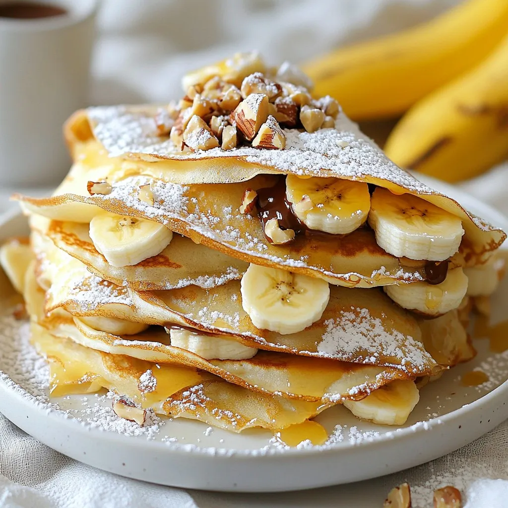 To make banana Nutella crepes, you need these simple items: - 1 cup all-purpose flour - 2 large eggs - 1 ½ cups milk - 2 tablespoons melted butter - 1 tablespoon sugar - ½ teaspoon vanilla extract - 2 ripe bananas, sliced - ½ cup Nutella - Whipped cream, for serving (optional) - Chopped hazelnuts, for garnish (optional) You can jazz up your crepes with these toppings: - A dusting of powdered sugar - Drizzled caramel or chocolate sauce - Fresh berries or sliced strawberries - A sprinkle of cinnamon These additions make your crepes look and taste amazing. If you don’t have some ingredients, here are a few swaps: - Use whole wheat flour instead of all-purpose flour. - Almond or oat milk can replace regular milk. - Coconut oil can stand in for melted butter. - Maple syrup can be used instead of sugar for sweetness. These swaps keep your crepes tasty and fun! {{ingredient_image_1}} First, take a mixing bowl. Add 1 cup of all-purpose flour, 1 tablespoon of sugar, and a pinch of salt. Whisk these dry ingredients together. In a second bowl, crack 2 large eggs. Whisk them well. Then add 1 ½ cups of milk, 2 tablespoons of melted butter, and ½ teaspoon of vanilla extract. Mix until it is all combined. Next, pour the wet mix into the dry ingredients. Whisk until smooth. Let the batter rest for about 30 minutes at room temperature. This step helps the crepes become light and fluffy. Heat a non-stick skillet over medium heat. Lightly grease it with butter or oil. Pour about ¼ cup of the crepe batter into the skillet. Swirl it around to cover the bottom evenly. Cook for 1-2 minutes. You will see the edges lift and the bottom turn golden. Carefully flip the crepe with a spatula. Cook for another 30 seconds. Remove it from the skillet and keep it warm. Repeat this with the rest of the batter. You should have about 4 crepes when done. Now it’s time to fill your crepes. Take one crepe and spread a generous tablespoon of Nutella on one half. Add sliced bananas on top. Fold the crepe over to cover the filling. You can serve it as is, or add more toppings. Whipped cream and chopped hazelnuts make great options. Enjoy your delicious Banana Nutella crepes! To make perfect crepes, start with a smooth batter. Mix flour, sugar, and salt first. Then in a separate bowl, combine eggs, milk, melted butter, and vanilla. Pour the wet mix into the dry mix slowly. Whisk until smooth. Let the batter rest for 30 minutes. This helps the crepes cook more evenly. Use a non-stick skillet over medium heat. Lightly grease it before pouring in the batter. A good tip is to swirl the batter to make a thin layer. Cook each crepe for 1-2 minutes on one side, then flip it. One common mistake is not resting the batter. Skipping this step leads to thick crepes. Another mistake is using too much heat. If the skillet is too hot, the crepes burn quickly. Make sure to pour just enough batter each time. Too much batter makes thick, uneven crepes. Also, be careful when flipping. Use a spatula or your hand to flip gently. Lastly, don’t forget to grease the skillet between crepes. This keeps them from sticking. Serve your Banana Nutella crepes warm. Spread Nutella on one half, then add banana slices. Fold the crepe and top with whipped cream for extra fun. You can also sprinkle chopped hazelnuts on top for crunch. For a great look, drizzle extra Nutella over the crepes before serving. Stacking them on a plate makes it more appealing. Don't forget to dust with powdered sugar for a sweet touch! Pro Tips Rest the Batter: Allowing the batter to rest for at least 30 minutes helps to relax the gluten, resulting in more tender crepes. Use a Non-Stick Skillet: A non-stick skillet makes flipping the crepes much easier and prevents them from sticking. Adjust Heat as Needed: If your crepes are browning too quickly, lower the heat. You want a gentle, even cooking temperature. Experiment with Fillings: While Nutella and bananas are delicious, feel free to try other fillings like strawberries, peanut butter, or cream cheese! {{image_2}} You can add fun flavors to your crepes. Try mixing cocoa powder into the batter for a chocolate twist. Cinnamon can also add warmth and spice. A dash of espresso powder makes for a coffee-flavored crepe. You can even fold in a bit of orange zest for a fresh taste. While Nutella and bananas are classic, other fillings work well too. You can use almond butter or peanut butter instead of Nutella. Sliced strawberries or raspberries pair nicely with bananas. For a different take, try adding cream cheese with a hint of honey. This gives a rich and creamy filling. If you want a healthier version, consider using whole wheat flour. This adds more fiber to your crepes. You can also swap regular milk for almond or oat milk for a dairy-free option. For a vegan recipe, use flax eggs in place of regular eggs. This way, everyone can enjoy these tasty treats! To store leftover crepes, let them cool completely. Stack the crepes with parchment paper between each one. Place the stack in an airtight container. Store it in the fridge for up to three days. This keeps them fresh and easy to access. When you want to enjoy your crepes again, preheat a non-stick skillet over low heat. Place a crepe in the skillet for about 30 seconds per side. You can also use a microwave. Heat on medium for about 10-15 seconds. Both methods work well, but the skillet gives a nice texture. You can freeze crepes for later use, too! First, let them cool completely. Then, stack them with parchment paper in between. Wrap the stack tightly in plastic wrap. Store it in a freezer-safe bag or container. Frozen crepes last for up to two months. When ready, thaw them in the fridge overnight before reheating. Yes, you can make crepes ahead of time. After you cook them, let them cool. Stack them with parchment paper in between. Cover the stack with plastic wrap or foil. You can store them in the fridge for up to three days. When you are ready to eat, just warm them in a skillet. This saves time for busy mornings. If you want a different flavor, try almond butter or peanut butter. You can also use chocolate spread or even fruit spreads. For a healthier option, try a homemade chocolate sauce. Each option gives a unique taste to your crepes. Feel free to mix and match with your favorite spreads. To make gluten-free crepes, swap out all-purpose flour for gluten-free flour. You can use a mix made for baking. Another option is to use rice flour or almond flour. The rest of the recipe stays the same. Just check your other ingredients to ensure they are gluten-free. Enjoy your delicious gluten-free crepes! In this post, we explored how to make delicious banana Nutella crepes. We covered essential ingredients, cooking steps, and tips for perfect results. You learned about variations and how to store leftovers. Remember, practice helps you make better crepes each time. Don't hesitate to try new flavors or fillings. Cooking is about having fun and being creative. Enjoy your tasty treats, and share them with friends!