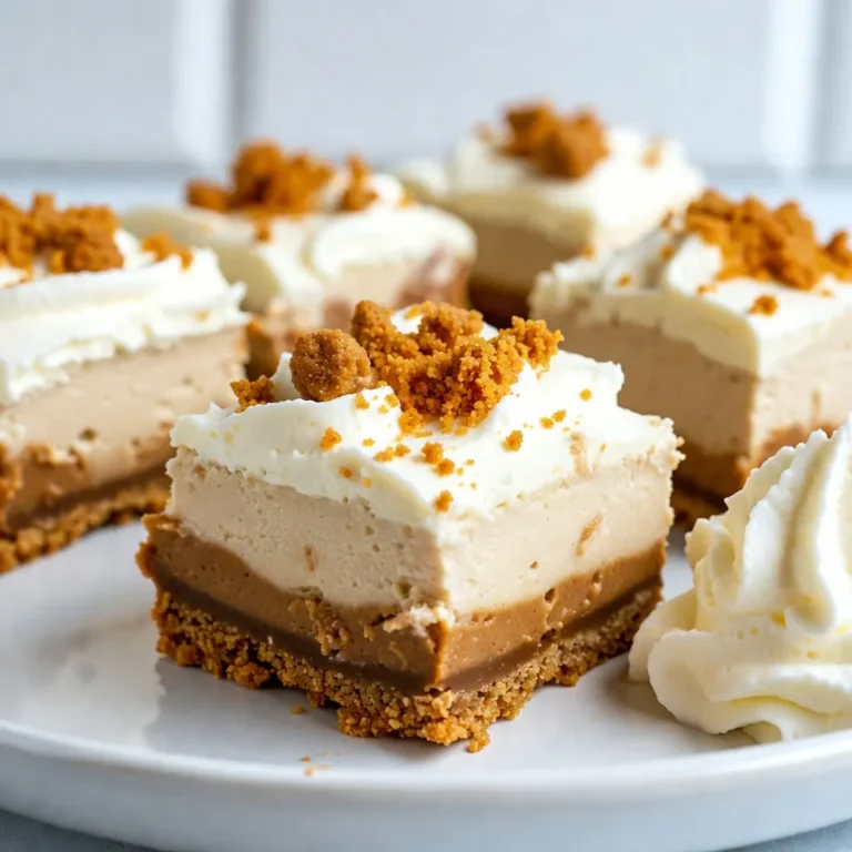 To make Biscoff cheesecake bars, you’ll need: - 1 ½ cups Biscoff cookie crumbs - ½ cup unsalted butter, melted - 1 cup cream cheese, softened - ¾ cup powdered sugar - ½ cup Biscoff cookie spread - 1 teaspoon vanilla extract - 1 cup whipped cream (store-bought or homemade) - 1 tablespoon Biscoff crumbs for topping These ingredients work together to create a rich and creamy dessert. If you have dietary needs, you can swap some ingredients: - Dairy-free: Use a dairy-free cream cheese and whipped cream. - Gluten-free: Ensure you use gluten-free Biscoff cookies. - Lower sugar: Replace powdered sugar with a sugar substitute like erythritol. These swaps keep the bars tasty while fitting your diet. When selecting ingredients, here are my go-to brands: - Biscoff Spread: Look for the original Biscoff cookie spread. It’s rich and smooth. - Cream Cheese: Philadelphia cream cheese is a reliable choice for texture and taste. - Whipped Cream: Use either Cool Whip for ease or make your own fresh whipped cream. Using these brands can enhance the flavor and quality of your cheesecake bars. {{ingredient_image_1}} Start by preheating your oven to 350°F (175°C). Line an 8x8-inch baking dish with parchment paper. This will help you lift out the bars later. In a bowl, mix 1 ½ cups of Biscoff cookie crumbs with ½ cup of melted unsalted butter. Combine these well until they look like wet sand. Press this mix into the bottom of your baking dish. Make sure it is even and packed down. Bake for 10 minutes, then let it cool for a bit. While the crust cools, grab another bowl. Beat 1 cup of softened cream cheese with an electric mixer until it is smooth. Slowly add in ¾ cup of powdered sugar while mixing. This will sweeten the filling. Next, add ½ cup of Biscoff cookie spread and 1 teaspoon of vanilla extract. Beat until it is smooth and well combined. Now fold in 1 cup of whipped cream gently. This adds lightness to your filling. Spread the cheesecake filling over your cooled crust. Use a spatula to smooth the top. Now, cover the dish with plastic wrap. Place it in the fridge for at least 4 hours, or overnight for best results. This helps the bars set and develop a great texture. When they are set, lift the cheesecake out with the parchment paper. Cut it into bars. Top with 1 tablespoon of Biscoff crumbs for a lovely finish. Enjoy your sweet creation! To get the best texture in your cheesecake bars, start with softened cream cheese. This makes it easier to mix and helps avoid lumps. Make sure to fold in the whipped cream gently. If you mix too hard, your bars may turn out dense instead of light. Refrigerate for at least four hours. This chilling time helps the bars set properly. One common mistake is not pressing the crust firmly enough. If the crust is loose, it will crumble when you cut the bars. Another mistake is overmixing the batter. This adds too much air, leading to cracks. Always use room temperature ingredients. Cold ingredients can create a lumpy batter. For a stunning presentation, serve the bars on a decorative platter. Garnish with a dollop of whipped cream beside each bar. Add a drizzle of Biscoff cookie spread for extra flair. Finally, sprinkle additional Biscoff crumbs on top. This adds texture and makes the bars look more inviting. Pro Tips Chill Thoroughly: Make sure to refrigerate the cheesecake bars for at least 4 hours or overnight. This allows the filling to set properly and enhances the flavors. Quality Ingredients: Use high-quality cream cheese and Biscoff cookie spread for the best flavor. The quality of your ingredients directly affects the final taste of your cheesecake bars. Customize the Topping: Feel free to get creative with the toppings! Add chocolate shavings, caramel drizzle, or fresh fruit to complement the Biscoff flavor. Make Ahead: These cheesecake bars can be made ahead of time and stored in the refrigerator for up to a week. Perfect for gatherings or meal prep! {{image_2}} You can easily add a chocolate swirl to your Biscoff cheesecake bars. To do this, melt about ½ cup of chocolate chips. After mixing the cheesecake filling, pour half of it over the crust. Drizzle melted chocolate on top, then add the rest of the filling. Use a knife to swirl the chocolate through the cheesecake. This adds a tasty twist and looks great! For a gluten-free version, use gluten-free Biscoff cookies or another gluten-free cookie. The crust will still be delicious! Make sure to check the labels on all your ingredients to avoid any hidden gluten. The filling remains the same, so you still get that rich and creamy taste. If you want a vegan version, swap the cream cheese for vegan cream cheese. Use coconut cream or whipped aquafaba instead of whipped cream. Replace the butter with coconut oil for the crust. The Biscoff cookie spread is usually vegan, but check the label to be sure. This way, you can enjoy creamy Biscoff bars without dairy! To keep your Biscoff Cheesecake Bars fresh, store them in an airtight container. This helps prevent them from drying out or absorbing other smells in the fridge. If you don't have a container, wrap the bars tightly in plastic wrap. Make sure to layer parchment paper between the bars if you stack them. This keeps them from sticking together. When stored properly, Biscoff Cheesecake Bars can last about 5 to 7 days in the refrigerator. They taste best when enjoyed fresh, but chilling them helps the flavors meld. Check for any signs of spoilage, like an off smell or changes in texture, before eating. Freezing is a great way to extend the shelf life of these bars. To freeze, cut the cheesecake into individual bars first. Wrap each bar tightly in plastic wrap and then place them in a freezer-safe bag. Make sure to remove all air from the bag to avoid freezer burn. They can last for up to 3 months in the freezer. When you're ready to eat, thaw them in the fridge overnight for the best texture. Yes, you can use other cookies. Graham crackers work great for the crust. Oreo cookies also add a nice chocolate flavor. Just crush them and mix with melted butter. Adjust the amount based on cookie size. The taste will change, but it can still be yummy! To cut cheesecake bars evenly, chill them well first. Use a sharp knife for clean cuts. Wipe the knife with a damp cloth after each cut. This keeps the edges neat. You can also use a ruler to mark where to cut. This way, each piece looks perfect! Yes, you can make these bars ahead of time. They stay fresh in the fridge for up to five days. Just cover them well to prevent drying. You can also freeze them for longer storage. Thaw in the fridge before serving for the best texture. You learned how to make amazing Biscoff Cheesecake Bars. We covered ingredients, cooking steps, and helpful tips. I shared variations for different diets and smart storage ideas. Keeping these bars fresh is key to their taste. Remember to avoid common mistakes for a great result. Enjoy creating these tasty treats! You’ll impress friends and family with your skills. Happy baking!