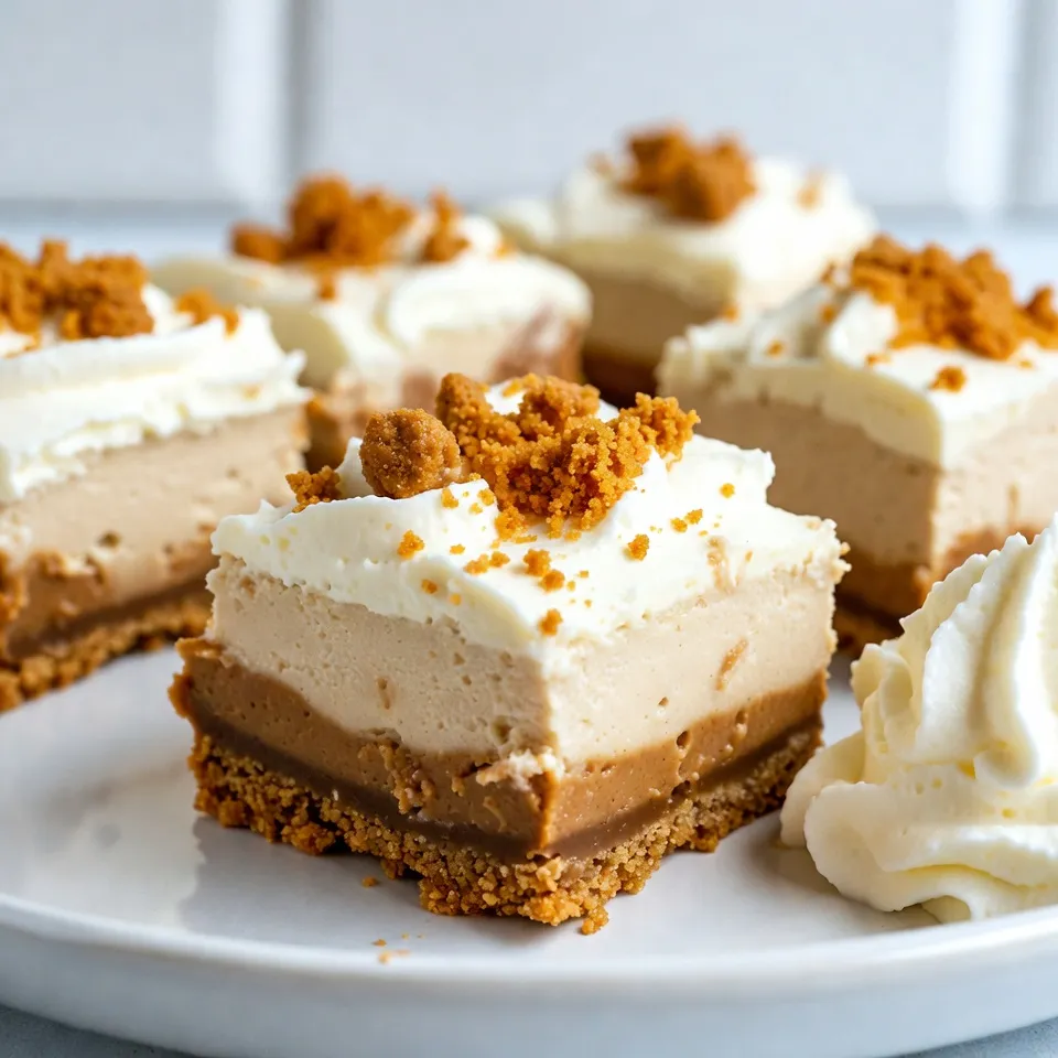 To make Biscoff cheesecake bars, you’ll need: - 1 ½ cups Biscoff cookie crumbs - ½ cup unsalted butter, melted - 1 cup cream cheese, softened - ¾ cup powdered sugar - ½ cup Biscoff cookie spread - 1 teaspoon vanilla extract - 1 cup whipped cream (store-bought or homemade) - 1 tablespoon Biscoff crumbs for topping These ingredients work together to create a rich and creamy dessert. If you have dietary needs, you can swap some ingredients: - Dairy-free: Use a dairy-free cream cheese and whipped cream. - Gluten-free: Ensure you use gluten-free Biscoff cookies. - Lower sugar: Replace powdered sugar with a sugar substitute like erythritol. These swaps keep the bars tasty while fitting your diet. When selecting ingredients, here are my go-to brands: - Biscoff Spread: Look for the original Biscoff cookie spread. It’s rich and smooth. - Cream Cheese: Philadelphia cream cheese is a reliable choice for texture and taste. - Whipped Cream: Use either Cool Whip for ease or make your own fresh whipped cream. Using these brands can enhance the flavor and quality of your cheesecake bars. {{ingredient_image_1}} Start by preheating your oven to 350°F (175°C). Line an 8x8-inch baking dish with parchment paper. This will help you lift out the bars later. In a bowl, mix 1 ½ cups of Biscoff cookie crumbs with ½ cup of melted unsalted butter. Combine these well until they look like wet sand. Press this mix into the bottom of your baking dish. Make sure it is even and packed down. Bake for 10 minutes, then let it cool for a bit. While the crust cools, grab another bowl. Beat 1 cup of softened cream cheese with an electric mixer until it is smooth. Slowly add in ¾ cup of powdered sugar while mixing. This will sweeten the filling. Next, add ½ cup of Biscoff cookie spread and 1 teaspoon of vanilla extract. Beat until it is smooth and well combined. Now fold in 1 cup of whipped cream gently. This adds lightness to your filling. Spread the cheesecake filling over your cooled crust. Use a spatula to smooth the top. Now, cover the dish with plastic wrap. Place it in the fridge for at least 4 hours, or overnight for best results. This helps the bars set and develop a great texture. When they are set, lift the cheesecake out with the parchment paper. Cut it into bars. Top with 1 tablespoon of Biscoff crumbs for a lovely finish. Enjoy your sweet creation! To get the best texture in your cheesecake bars, start with softened cream cheese. This makes it easier to mix and helps avoid lumps. Make sure to fold in the whipped cream gently. If you mix too hard, your bars may turn out dense instead of light. Refrigerate for at least four hours. This chilling time helps the bars set properly. One common mistake is not pressing the crust firmly enough. If the crust is loose, it will crumble when you cut the bars. Another mistake is overmixing the batter. This adds too much air, leading to cracks. Always use room temperature ingredients. Cold ingredients can create a lumpy batter. For a stunning presentation, serve the bars on a decorative platter. Garnish with a dollop of whipped cream beside each bar. Add a drizzle of Biscoff cookie spread for extra flair. Finally, sprinkle additional Biscoff crumbs on top. This adds texture and makes the bars look more inviting. Pro Tips Chill Thoroughly: Make sure to refrigerate the cheesecake bars for at least 4 hours or overnight. This allows the filling to set properly and enhances the flavors. Quality Ingredients: Use high-quality cream cheese and Biscoff cookie spread for the best flavor. The quality of your ingredients directly affects the final taste of your cheesecake bars. Customize the Topping: Feel free to get creative with the toppings! Add chocolate shavings, caramel drizzle, or fresh fruit to complement the Biscoff flavor. Make Ahead: These cheesecake bars can be made ahead of time and stored in the refrigerator for up to a week. Perfect for gatherings or meal prep! {{image_2}} You can easily add a chocolate swirl to your Biscoff cheesecake bars. To do this, melt about ½ cup of chocolate chips. After mixing the cheesecake filling, pour half of it over the crust. Drizzle melted chocolate on top, then add the rest of the filling. Use a knife to swirl the chocolate through the cheesecake. This adds a tasty twist and looks great! For a gluten-free version, use gluten-free Biscoff cookies or another gluten-free cookie. The crust will still be delicious! Make sure to check the labels on all your ingredients to avoid any hidden gluten. The filling remains the same, so you still get that rich and creamy taste. If you want a vegan version, swap the cream cheese for vegan cream cheese. Use coconut cream or whipped aquafaba instead of whipped cream. Replace the butter with coconut oil for the crust. The Biscoff cookie spread is usually vegan, but check the label to be sure. This way, you can enjoy creamy Biscoff bars without dairy! To keep your Biscoff Cheesecake Bars fresh, store them in an airtight container. This helps prevent them from drying out or absorbing other smells in the fridge. If you don't have a container, wrap the bars tightly in plastic wrap. Make sure to layer parchment paper between the bars if you stack them. This keeps them from sticking together. When stored properly, Biscoff Cheesecake Bars can last about 5 to 7 days in the refrigerator. They taste best when enjoyed fresh, but chilling them helps the flavors meld. Check for any signs of spoilage, like an off smell or changes in texture, before eating. Freezing is a great way to extend the shelf life of these bars. To freeze, cut the cheesecake into individual bars first. Wrap each bar tightly in plastic wrap and then place them in a freezer-safe bag. Make sure to remove all air from the bag to avoid freezer burn. They can last for up to 3 months in the freezer. When you're ready to eat, thaw them in the fridge overnight for the best texture. Yes, you can use other cookies. Graham crackers work great for the crust. Oreo cookies also add a nice chocolate flavor. Just crush them and mix with melted butter. Adjust the amount based on cookie size. The taste will change, but it can still be yummy! To cut cheesecake bars evenly, chill them well first. Use a sharp knife for clean cuts. Wipe the knife with a damp cloth after each cut. This keeps the edges neat. You can also use a ruler to mark where to cut. This way, each piece looks perfect! Yes, you can make these bars ahead of time. They stay fresh in the fridge for up to five days. Just cover them well to prevent drying. You can also freeze them for longer storage. Thaw in the fridge before serving for the best texture. You learned how to make amazing Biscoff Cheesecake Bars. We covered ingredients, cooking steps, and helpful tips. I shared variations for different diets and smart storage ideas. Keeping these bars fresh is key to their taste. Remember to avoid common mistakes for a great result. Enjoy creating these tasty treats! You’ll impress friends and family with your skills. Happy baking!